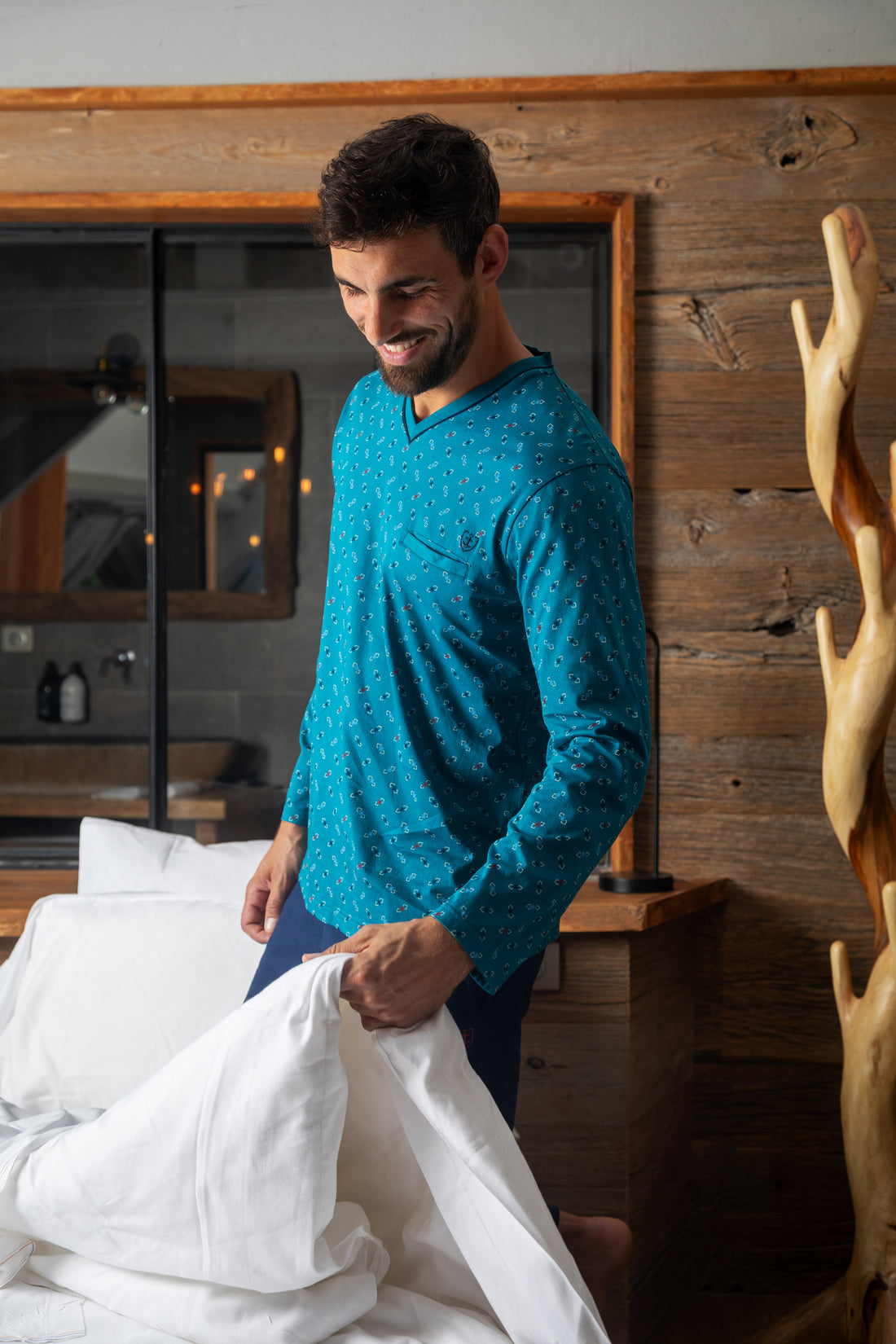 Pyjama Col V en Jersey de Coton Mercerisé Imprimé Bleu pétrole H459