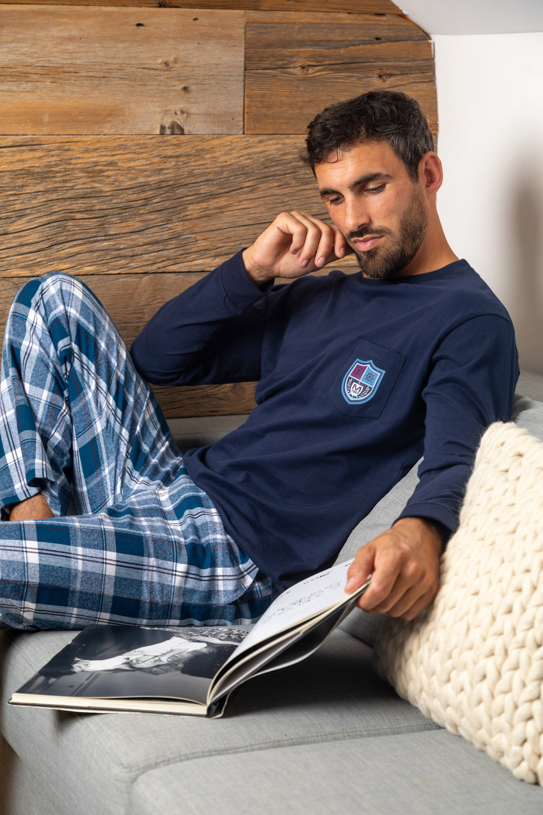 Pyjama Long bi-matière chaud en jersey de coton et flanelle marine H418