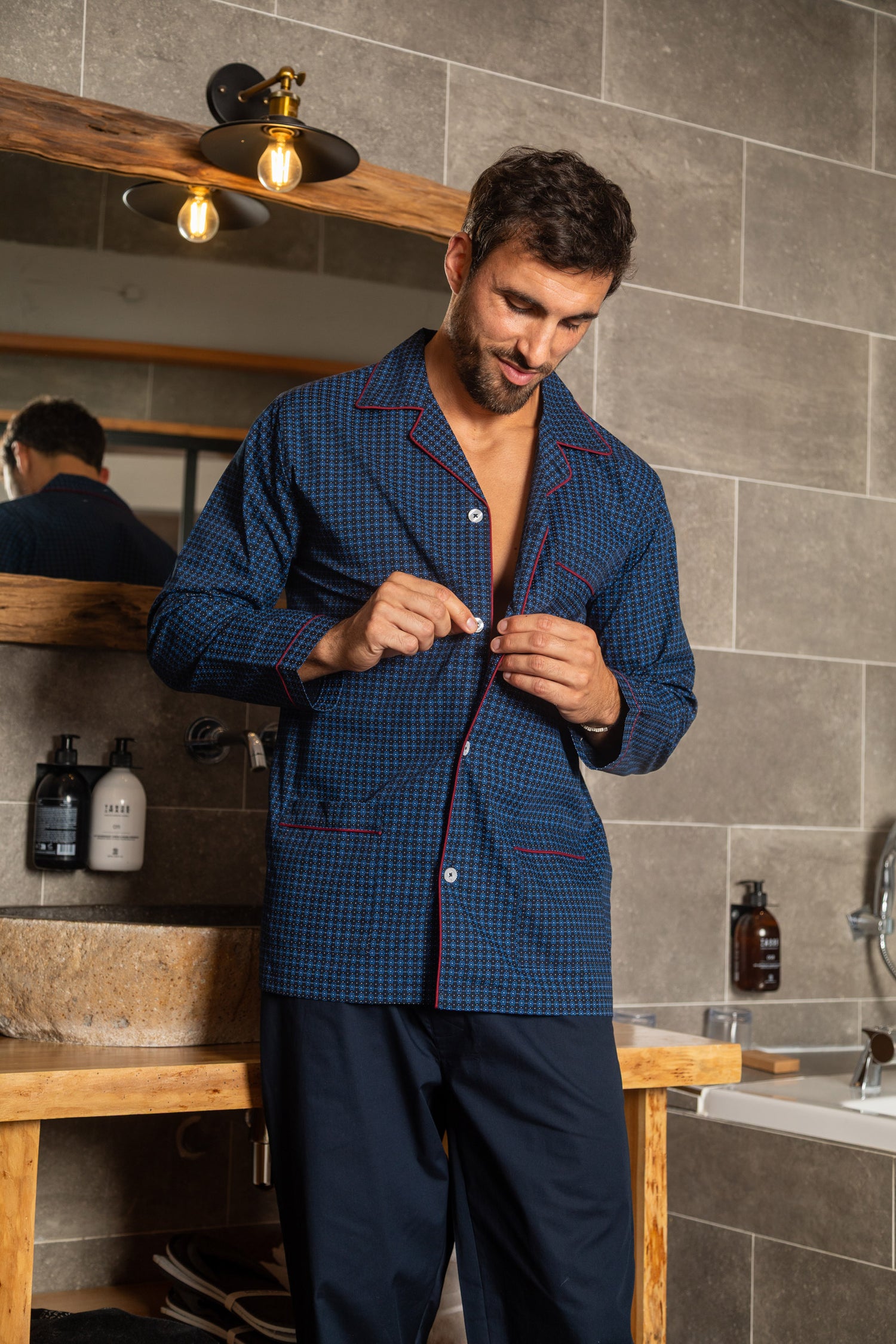Pyjama Long Ouvert en popeline de pur Coton imprimé Marine H425