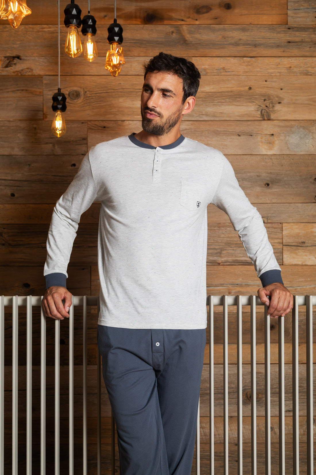 Pyjama homme Col boutonné en Jersey de coton écru chiné et anthracite H415
