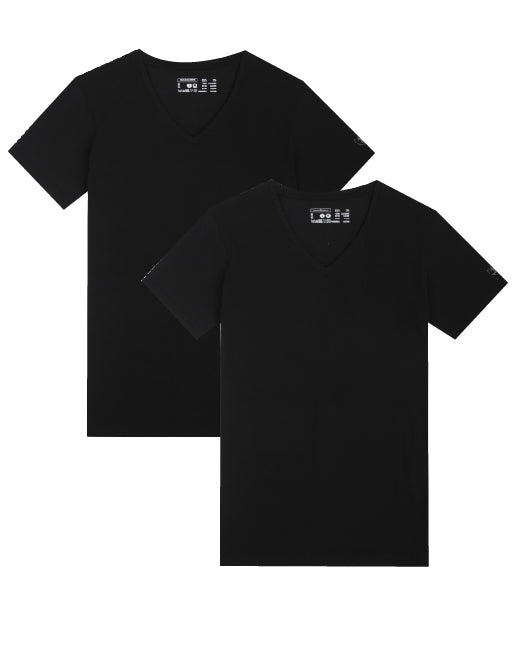 Lot de 2 Tee-shirts col V manches courtes Noir en Coton Extensible 6009.2