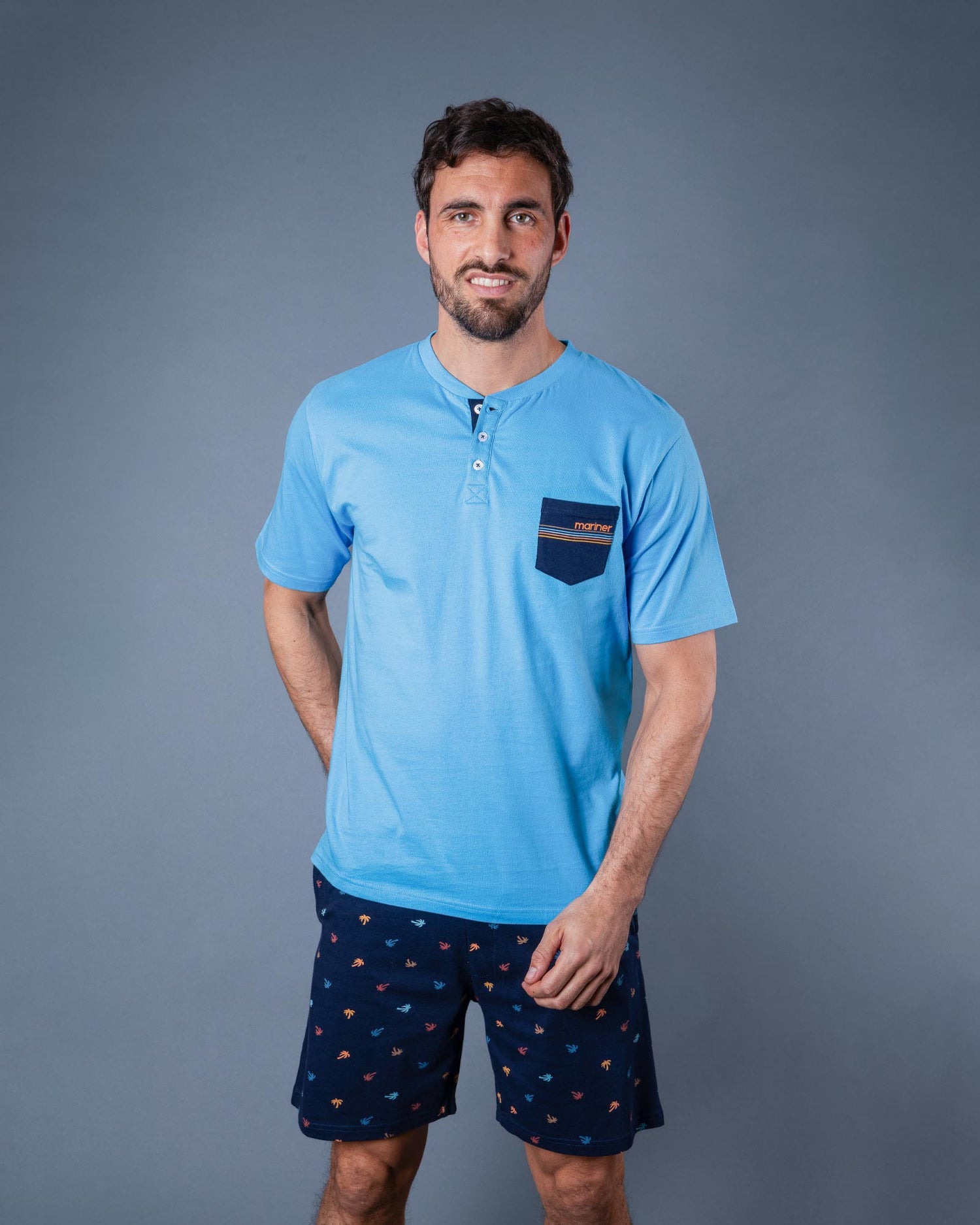 Pyjama short pour Homme encolure boutonnée en jersey de coton Bleu Azur G579