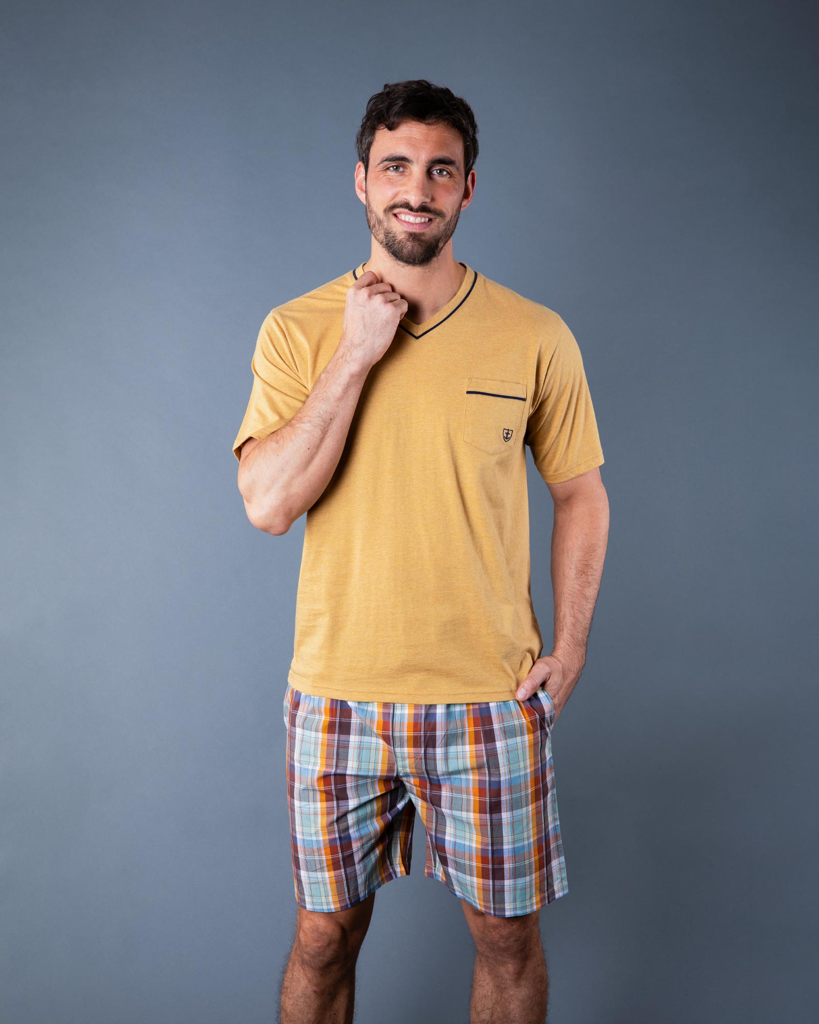 Pyjashort Homme col V en jersey de coton et popeline à carreaux Jaune G588