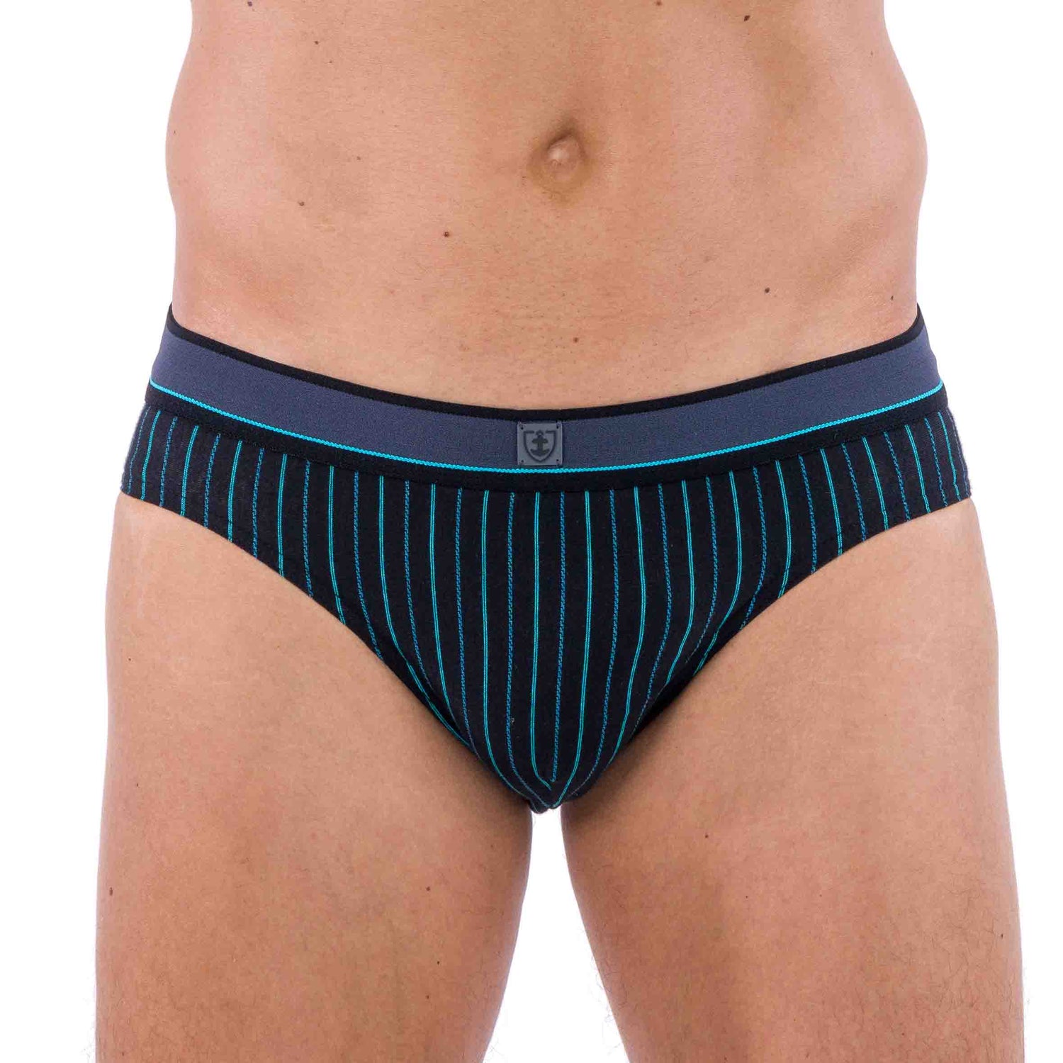 Low-waisted briefs with belt in Navy Blue Striped Microfiber