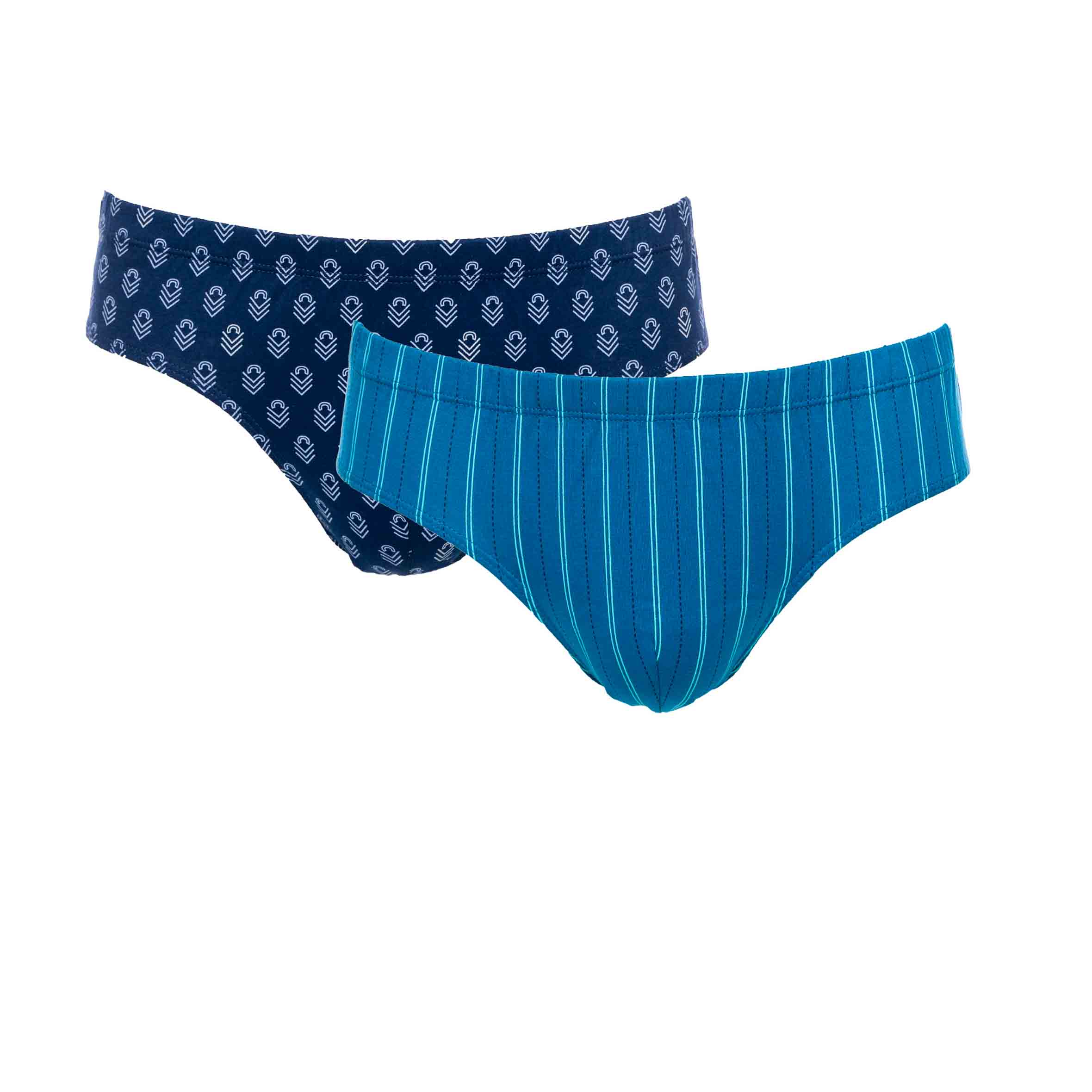 Pack of 2 Low-Rise Briefs in Mercerized Cotton Jersey Printed BLUE STRIPE and NAVY LOGO