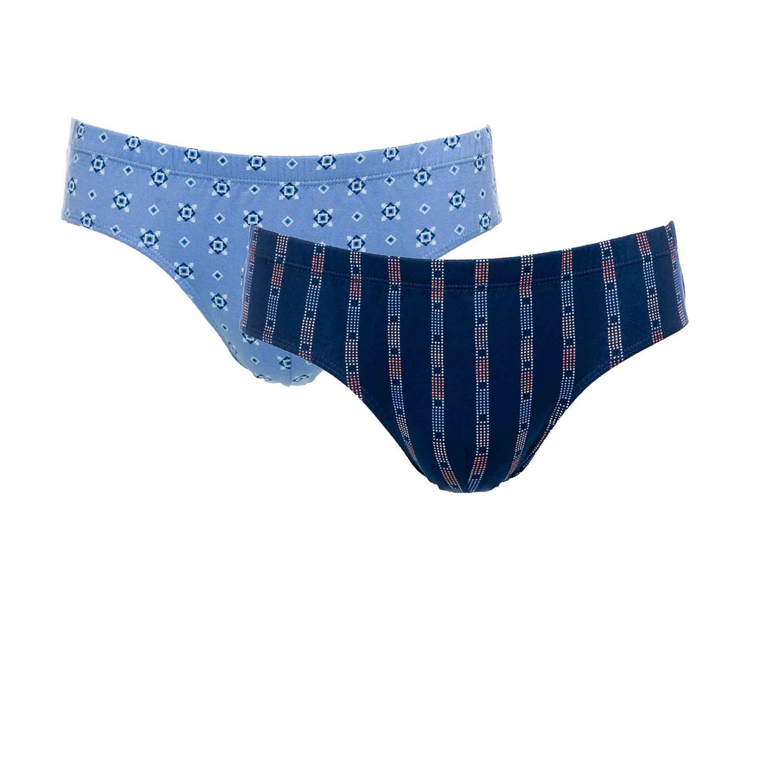 Vue du lot de slips taille basse coton – Un slip en bleu pétrole imprimé floral et un autre en marine à rayures élégantes.
