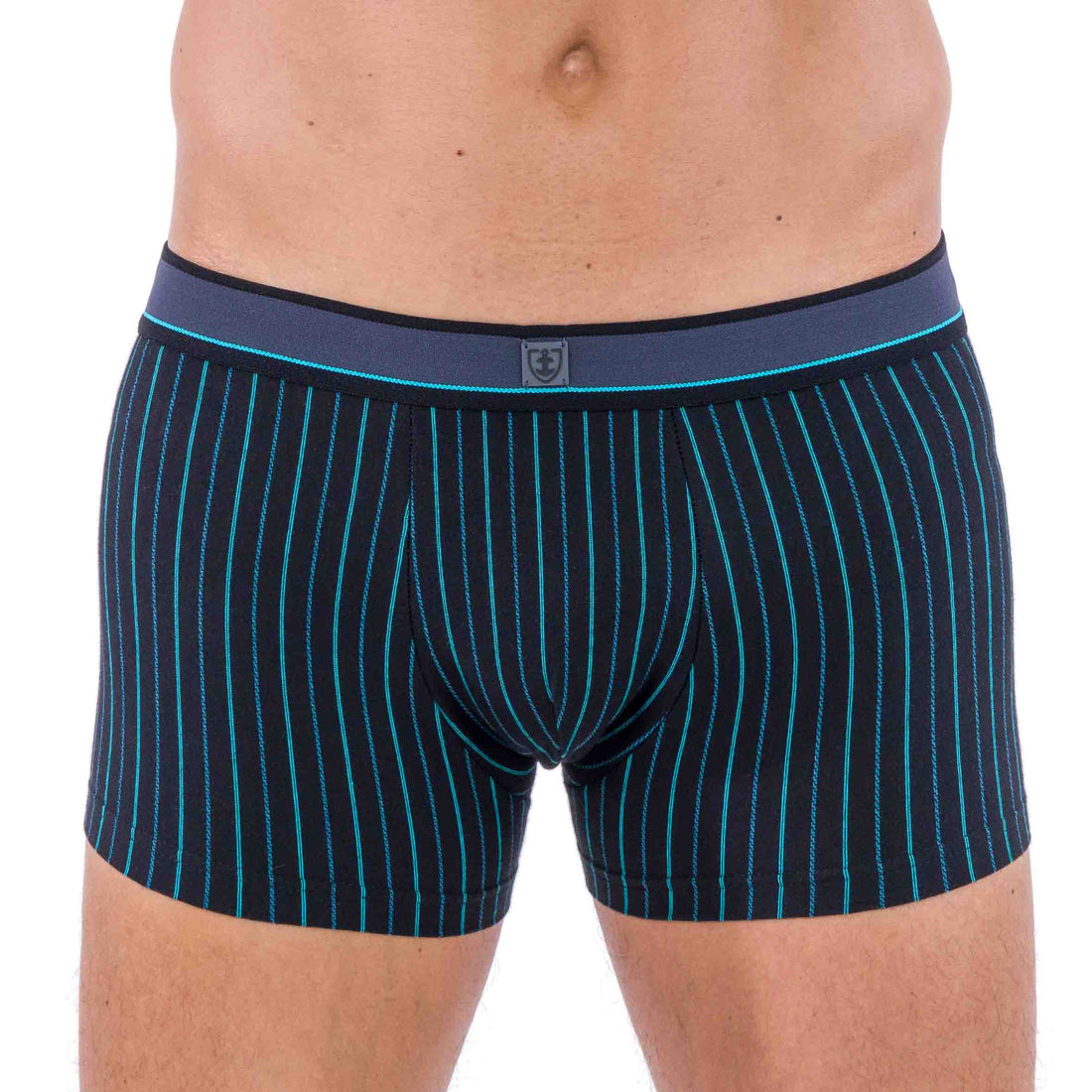 Shorty avec Ceinture rapportée en Microfibre Rayée Bleu Marine D204