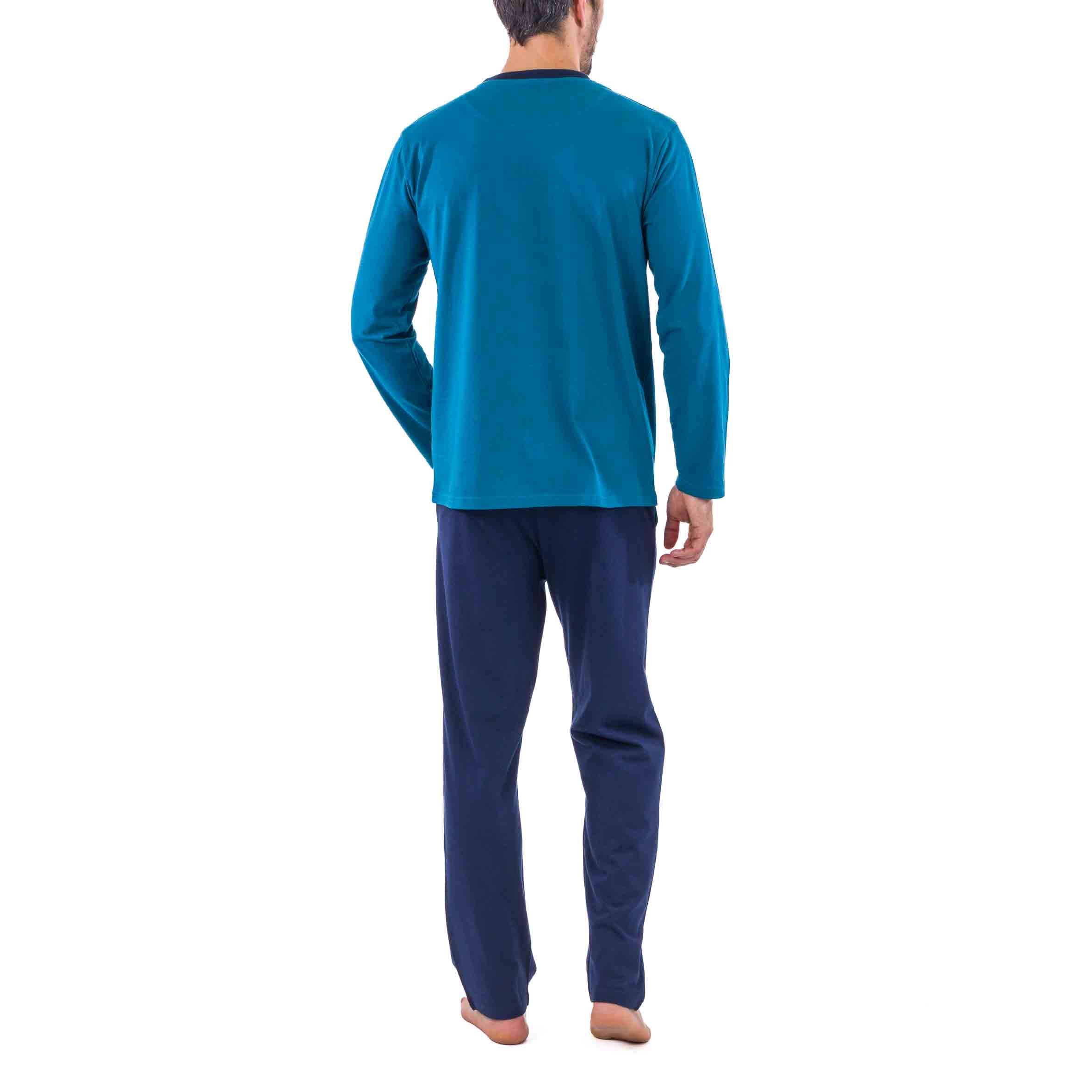 Pyjama Col Rond en Jersey de Coton Bleu avec Impression Poitrine