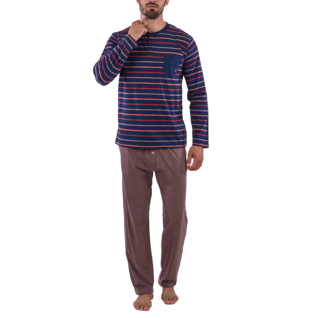 Pyjama Col Boutonné en Jersey de Coton Marine Rayures Marron D405
