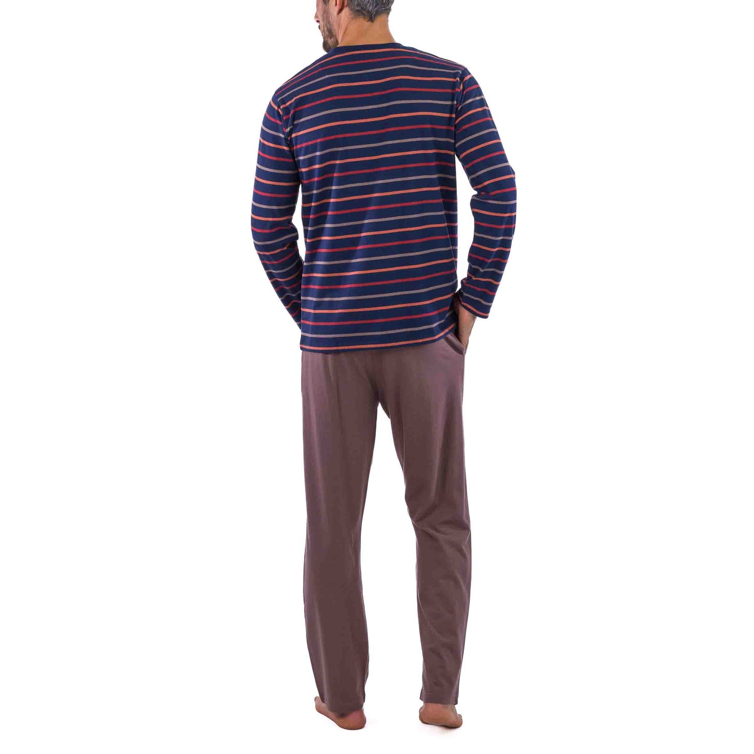 Buttoned Collar Pajamas in Navy Cotton Jersey with Brown Stripes