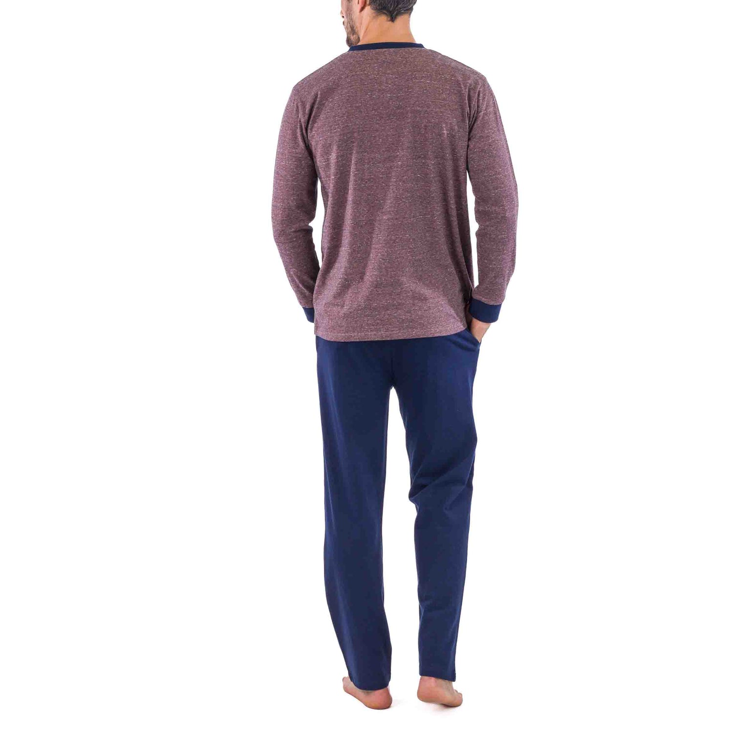 Buttoned Collar Pajamas in Brown Cotton Jersey Heather Effect Navy Trousers