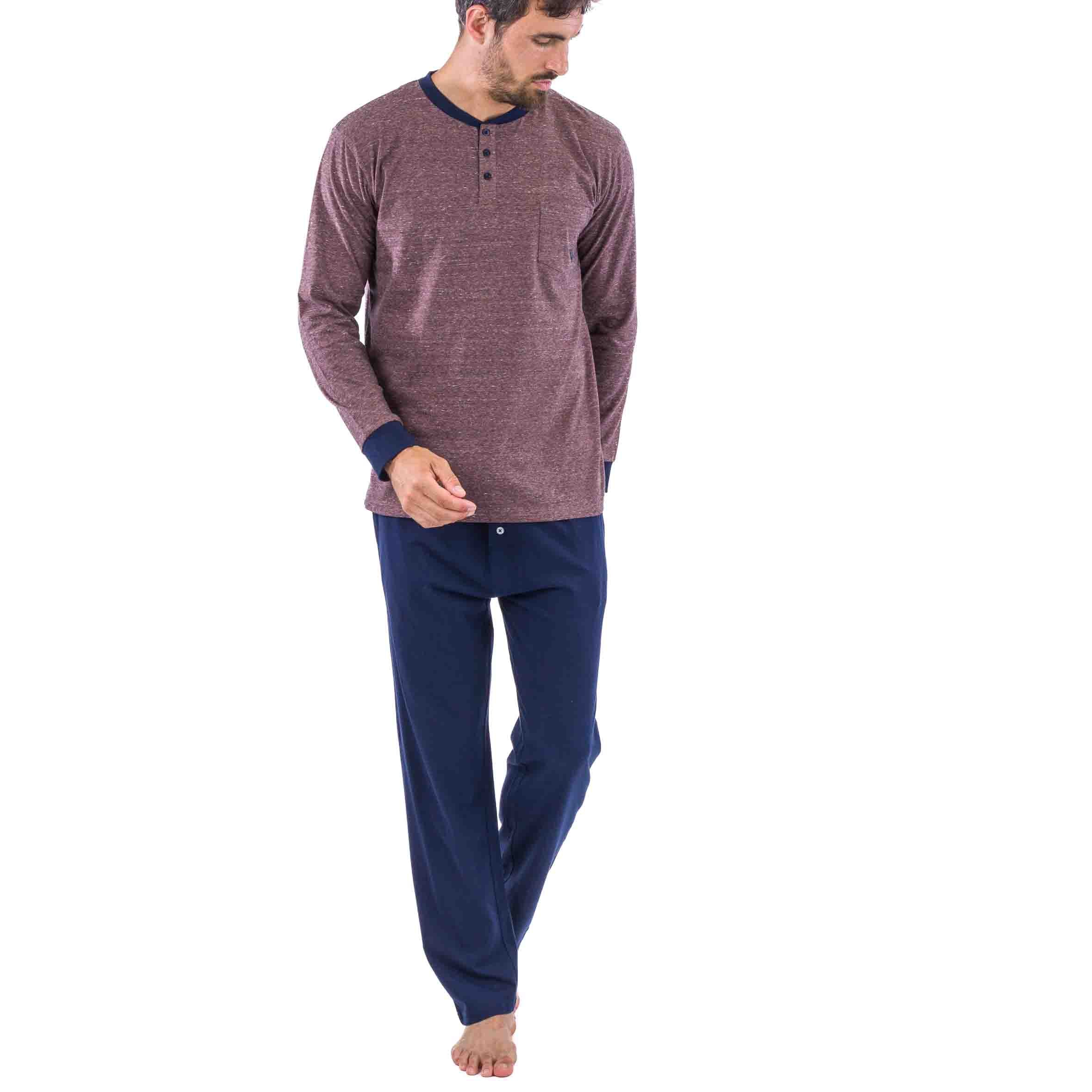 Buttoned Collar Pajamas in Brown Cotton Jersey Heather Effect Navy Trousers