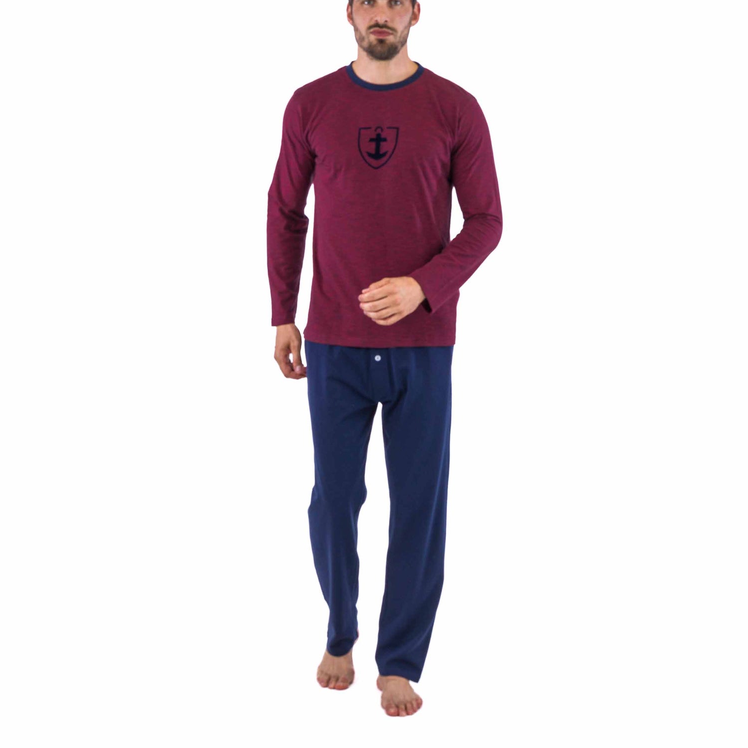 Round Neck Pajamas in Burgundy and Navy Cotton Jersey