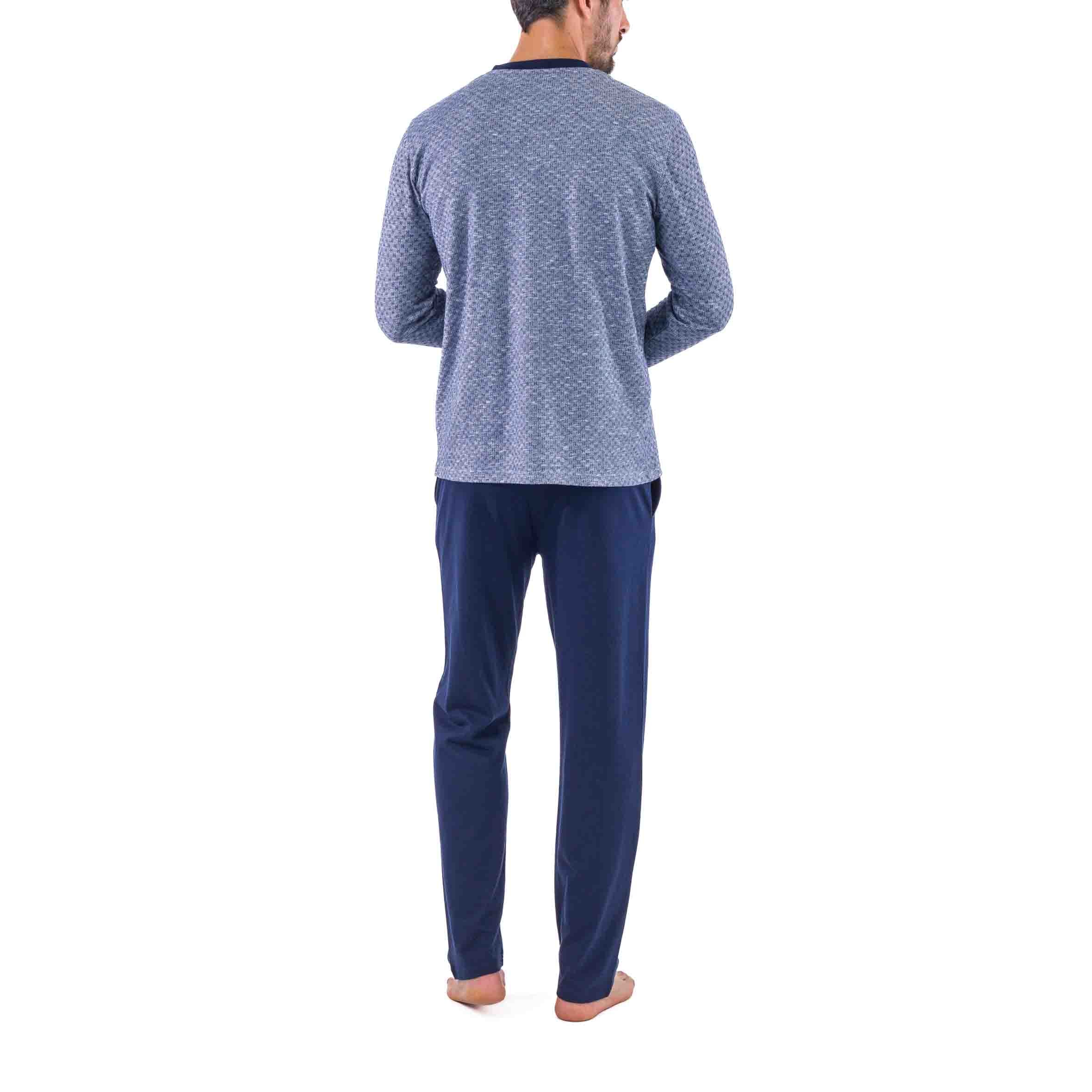 Navy Jacquard Knit Cotton Jersey Pajamas with Buttoned Collar