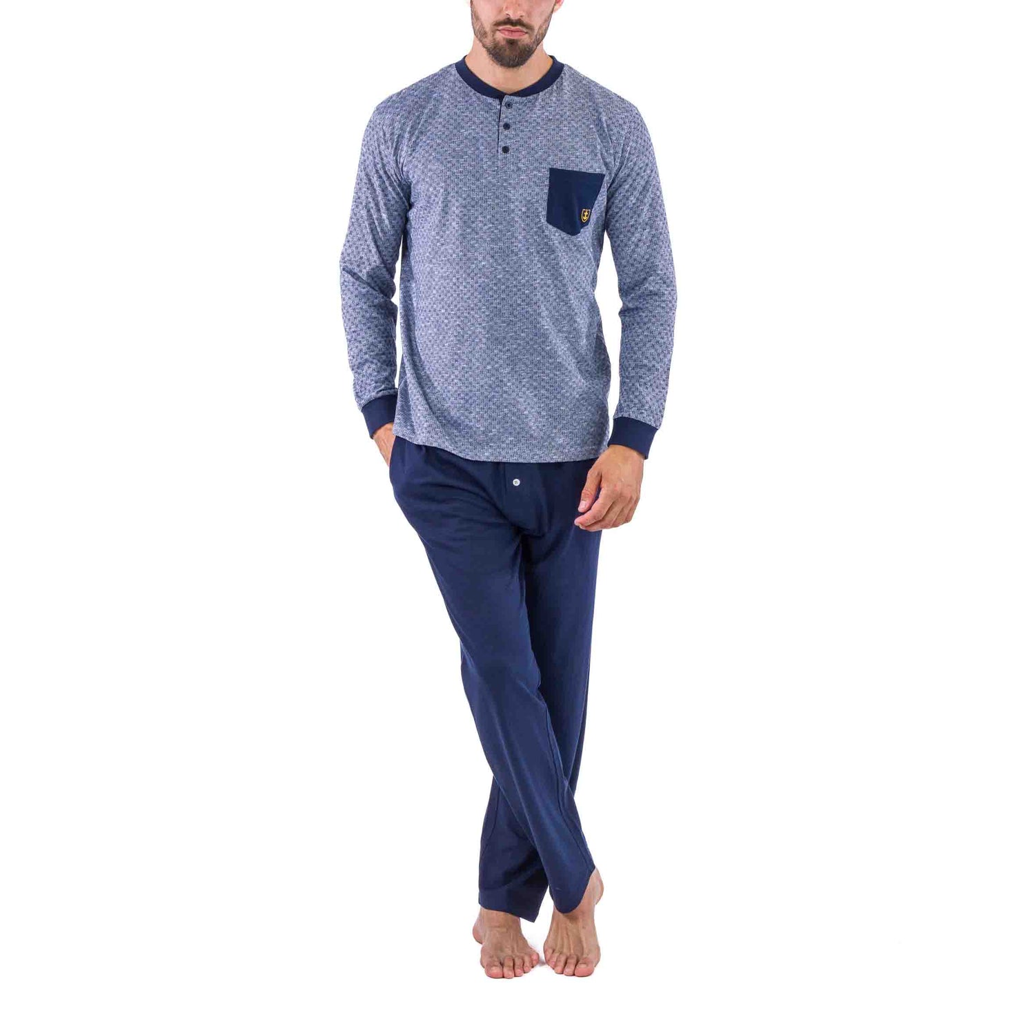 Navy Jacquard Knit Cotton Jersey Pajamas with Buttoned Collar
