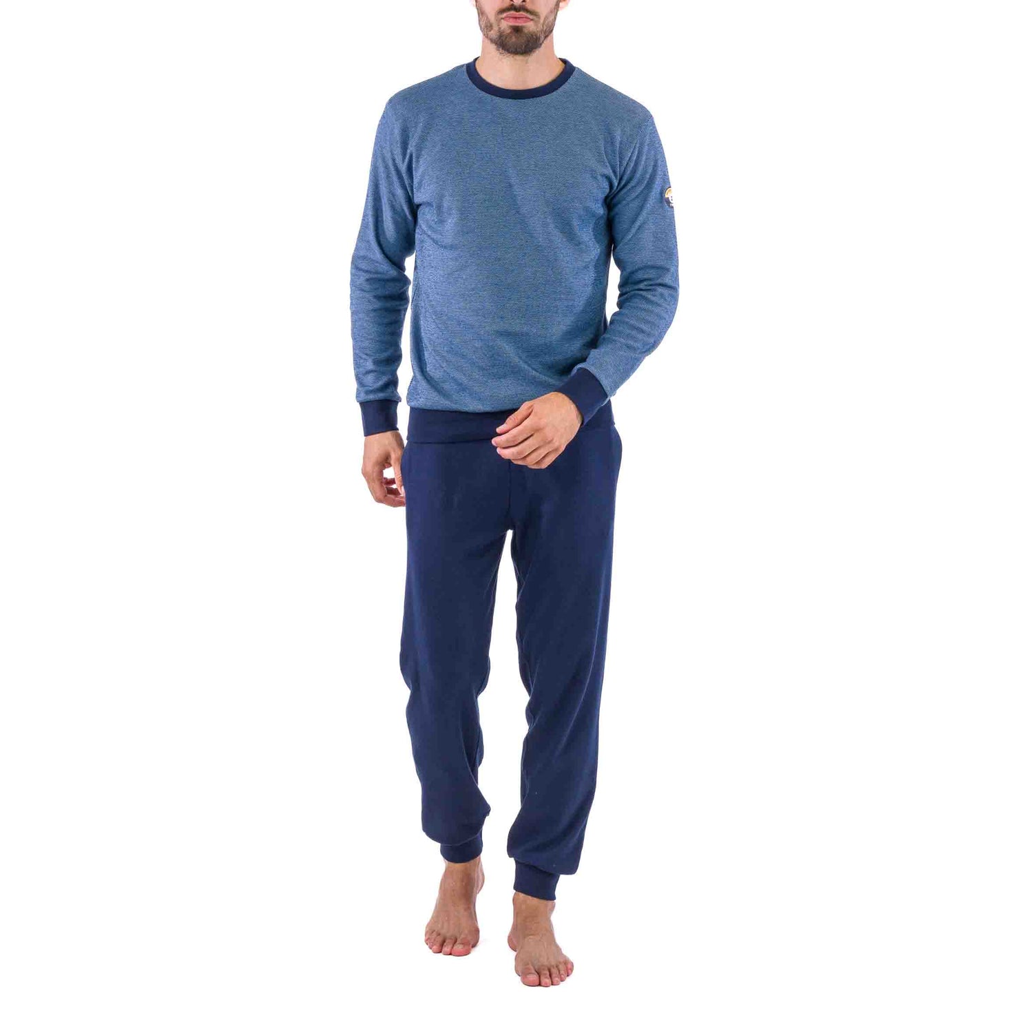 Round Neck Pajamas in Navy Piqué Knit Cotton Jersey
