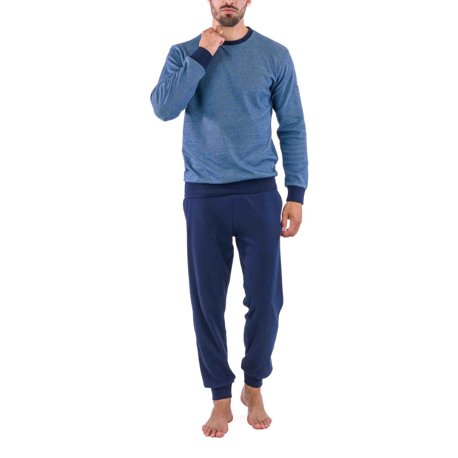 Round Neck Pajamas in Navy Piqué Knit Cotton Jersey