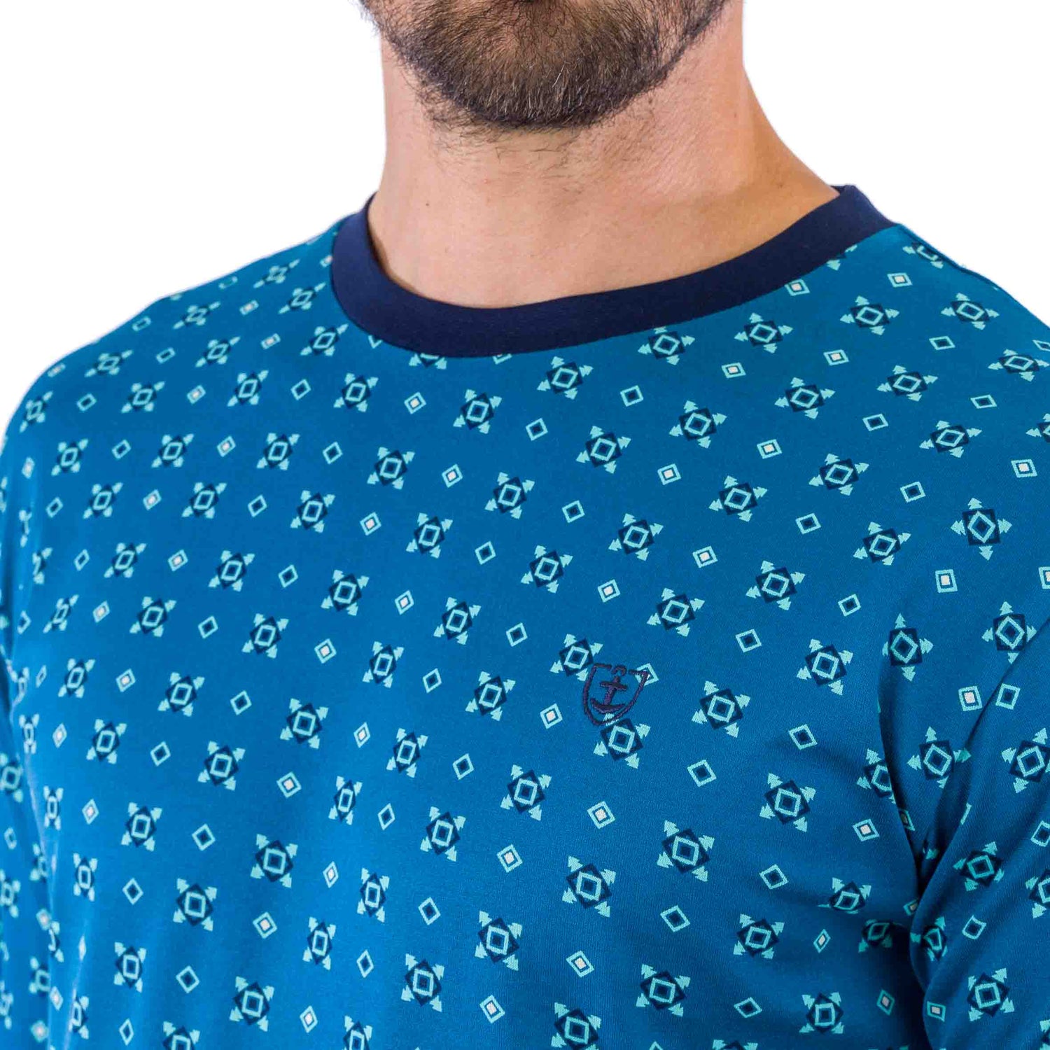 Pyjama forme Jogging en Jersey de Coton Mercerisé Imprimé Petits Motifs Bleu Pétrole