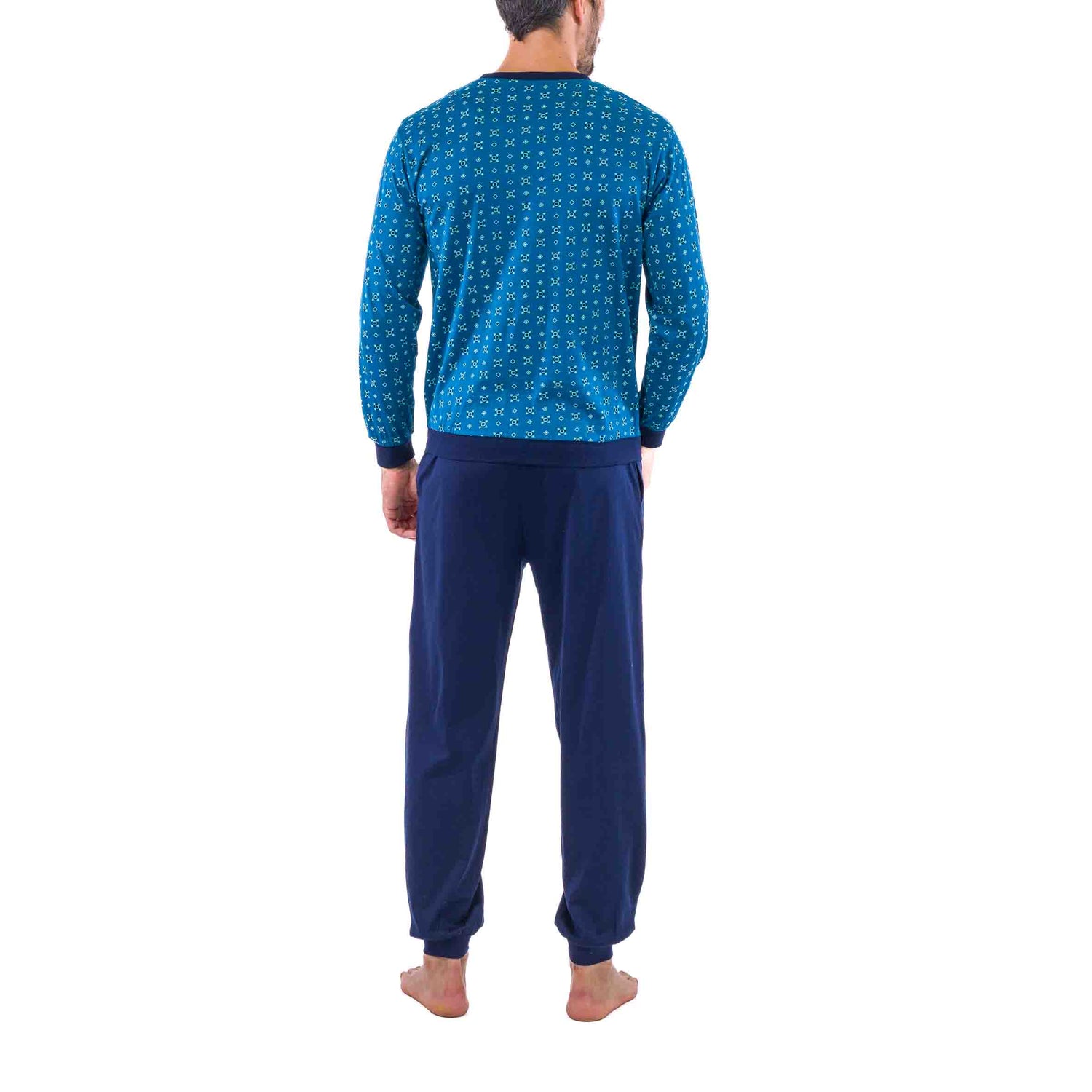 Pyjama forme Jogging en Jersey de Coton Mercerisé Imprimé Petits Motifs Bleu Pétrole