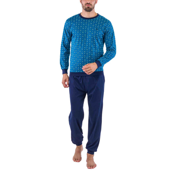 Pyjama forme Jogging en Jersey de Coton Mercerisé Imprimé Bleu Pétrole