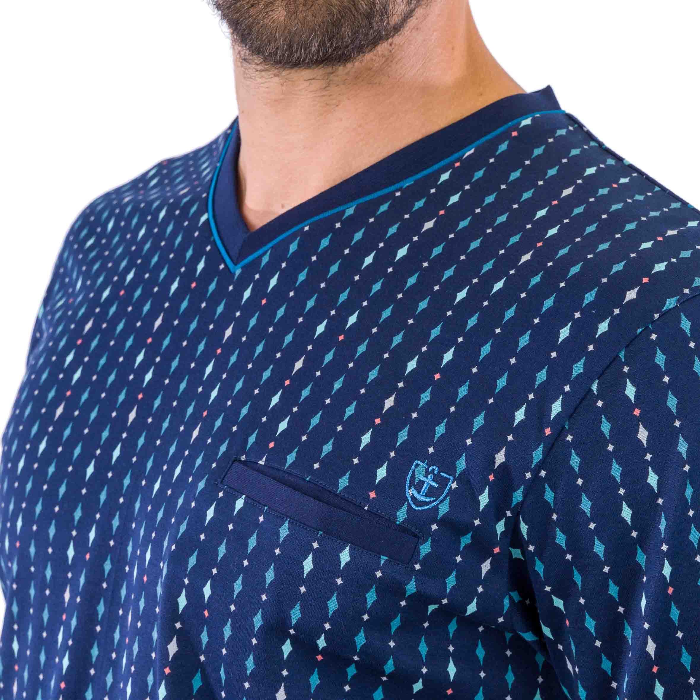 V-Neck Pajamas in Navy Printed Mercerized Cotton Jersey with Stripe Effect