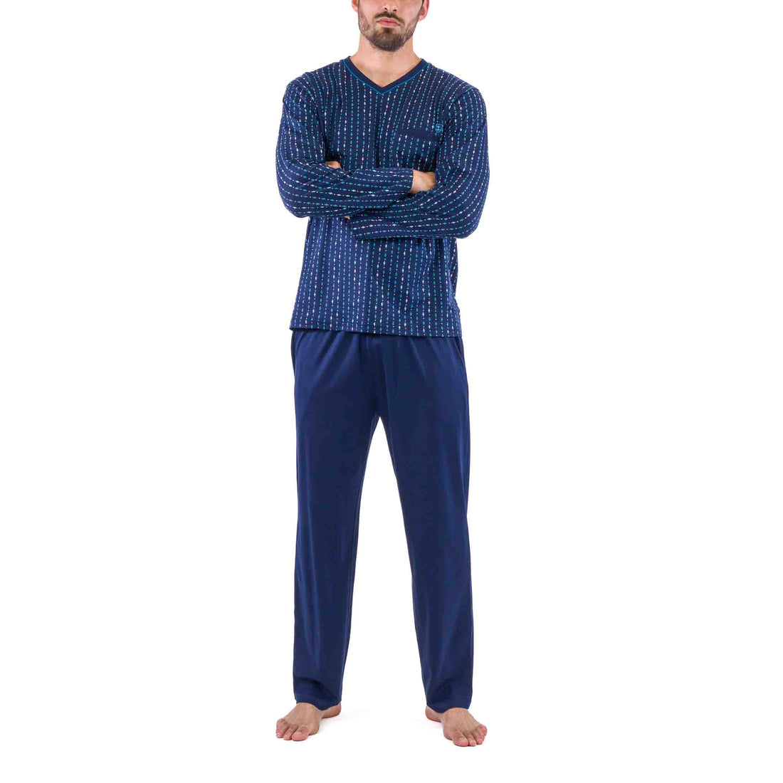 Pyjama Col V en Jersey de Coton Mercerisé Imprimé Marine Effet Rayure