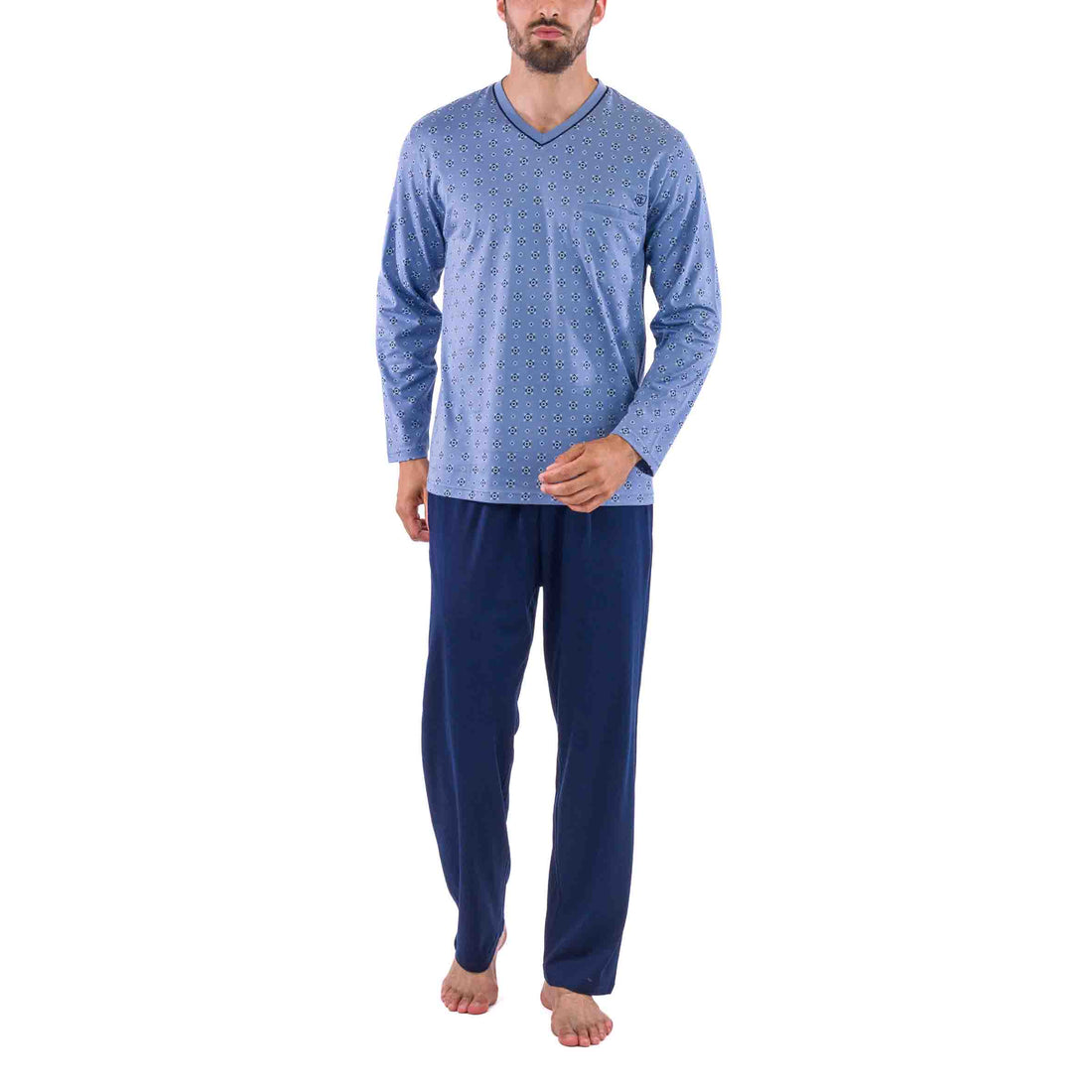 Pyjama Col V en Jersey de Coton Mercerisé Imprimé Bleu à Petits Motifs D420