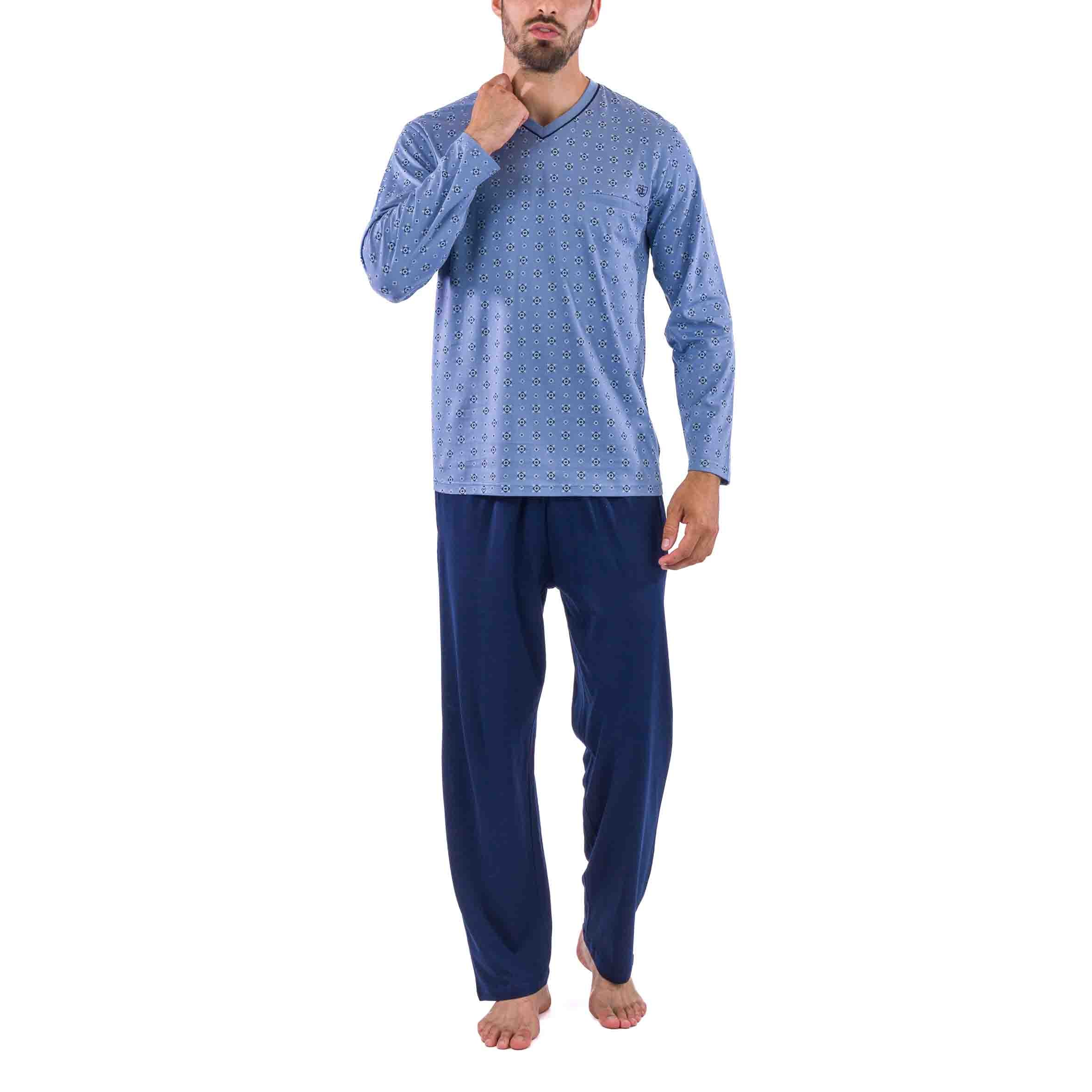 V-Neck Pajamas in Blue Printed Mercerized Cotton Jersey with Small Patterns