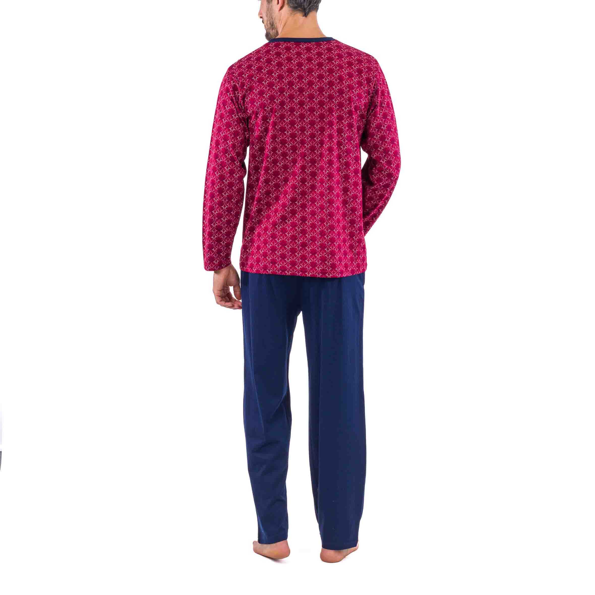 Buttoned Collar Pajamas in Mercerized Cotton Jersey with Retro Burgundy and Navy Print