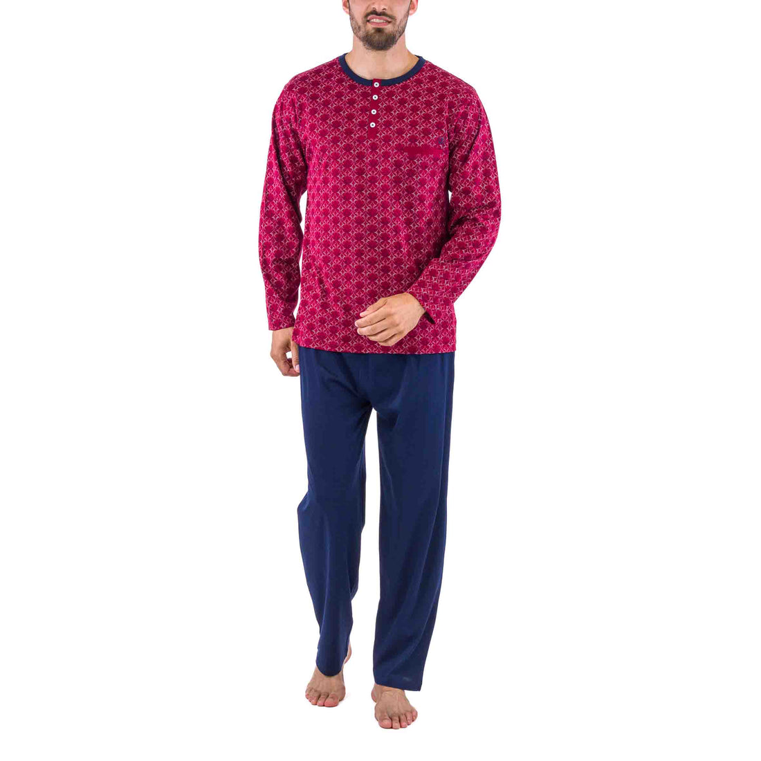 Pyjama Col Boutonné en Jersey de Coton Mercerisé Imprimé Rétro Bordeaux et Marine D421