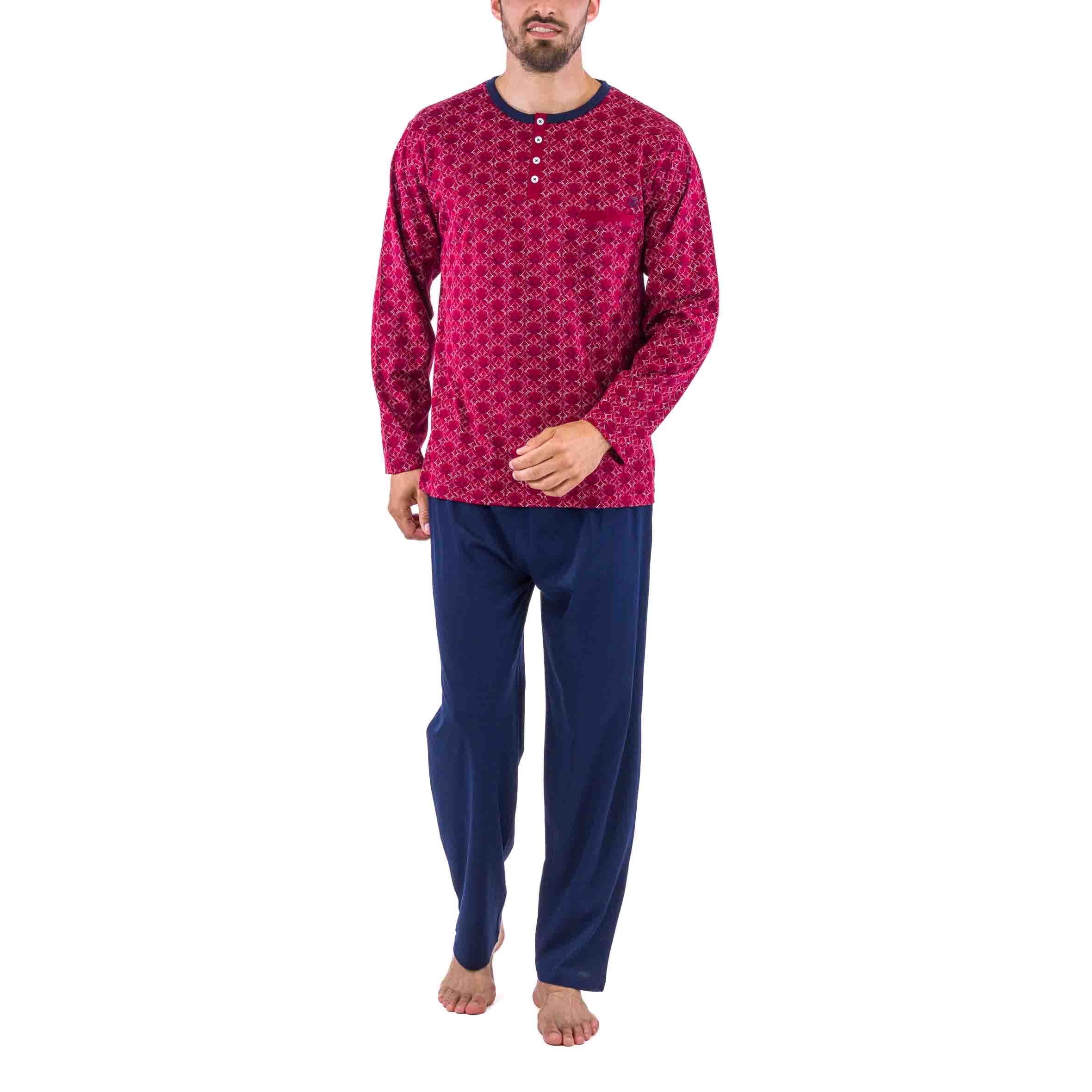 Buttoned Collar Pajamas in Mercerized Cotton Jersey with Retro Burgundy and Navy Print