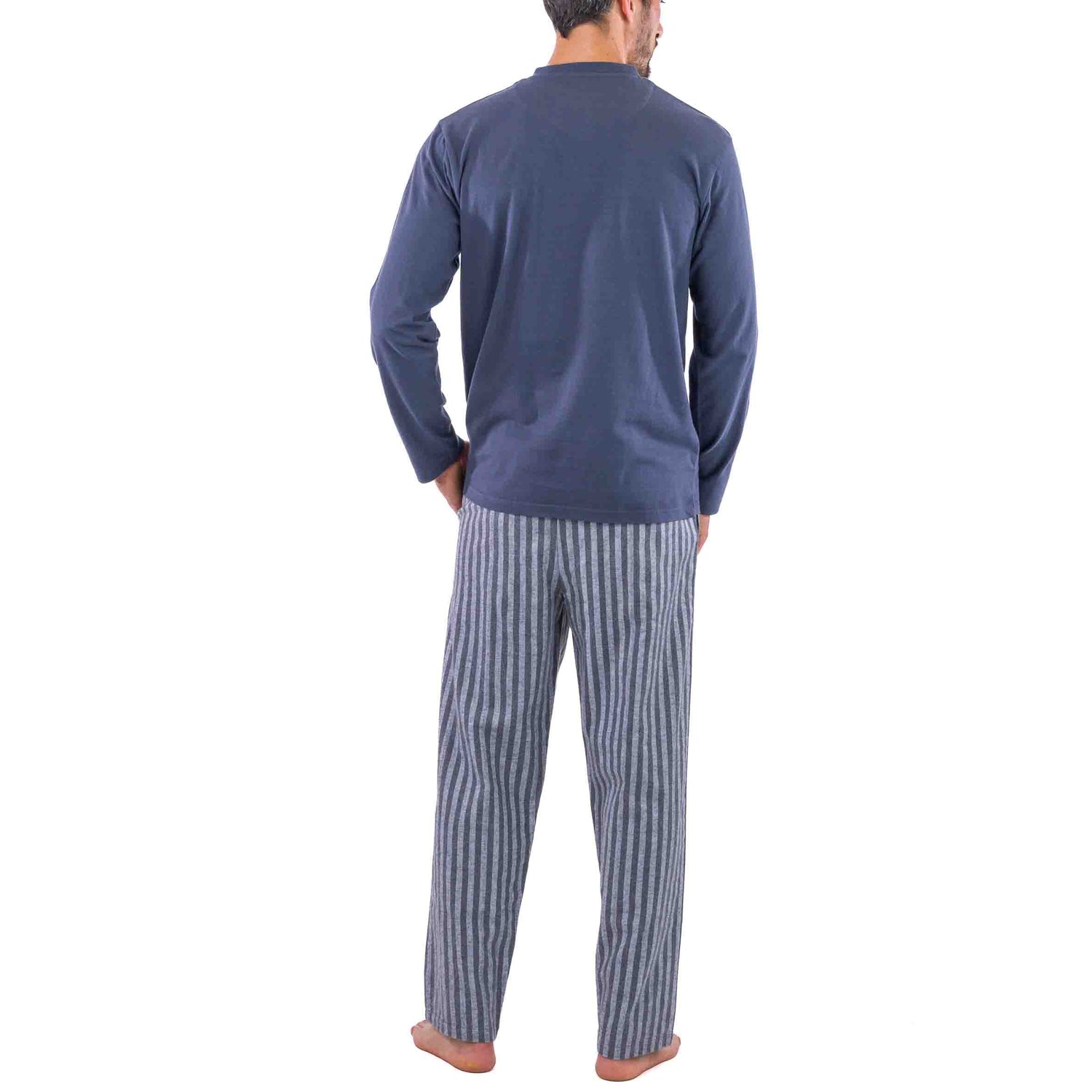 Pyjama col boutonné en Flanelle Rayée et Jersey Pur Coton Gris Anthracite