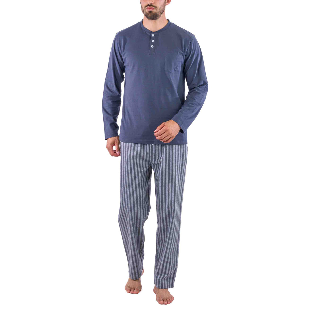 Button-down collar pajamas in Anthracite Gray Striped Flannel and Pure Cotton Jersey