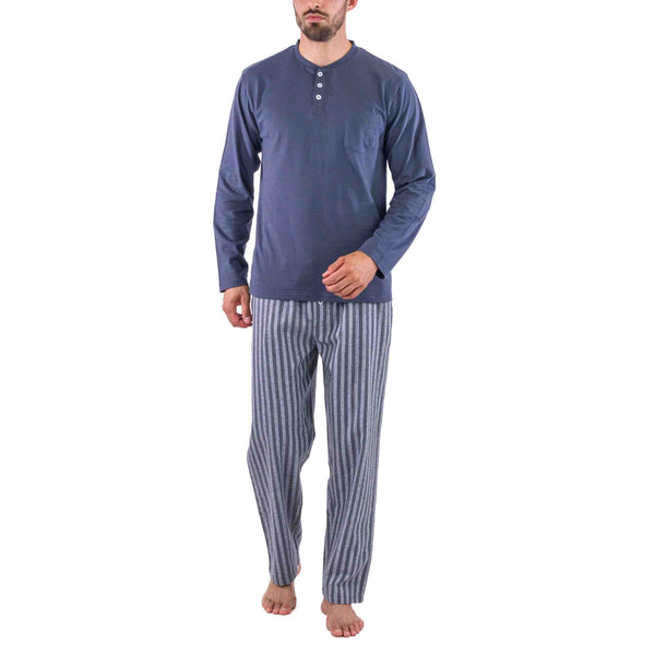 Pyjama en Flanelle Rayée et Jersey Pur Coton Gris Anthracire