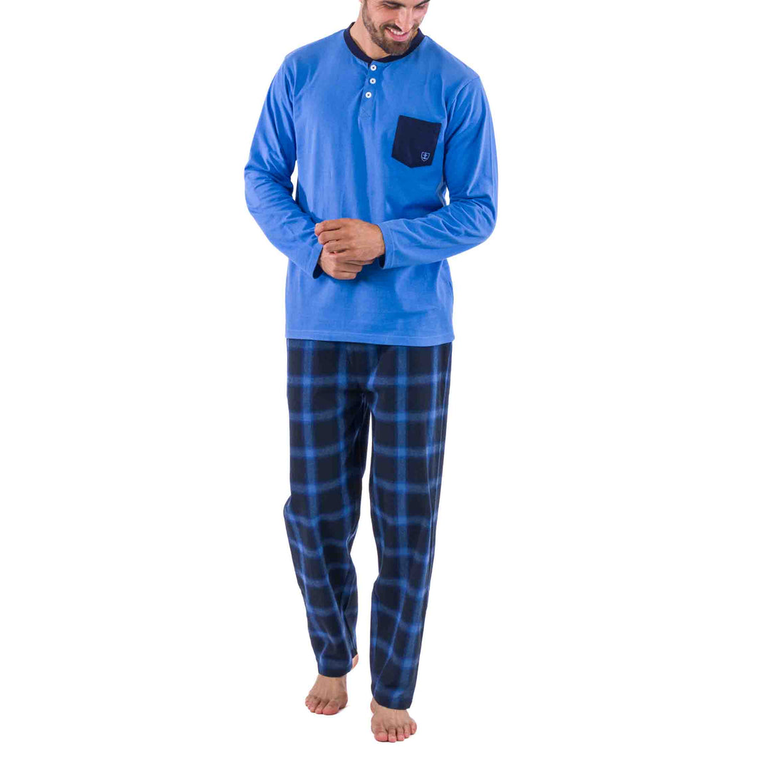 Pyjama col boutonné en Flanelle et Jersey Pur Coton Bleu Marine