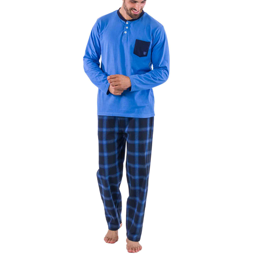 Button-down collar pajamas in Navy Blue Flannel and Pure Cotton Jersey