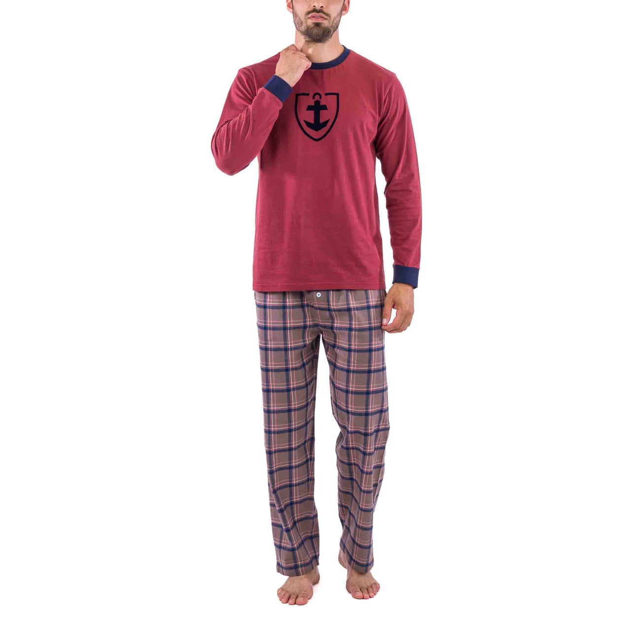 Pyjama en Flanelle carreaux et Jersey Pur Coton Marron