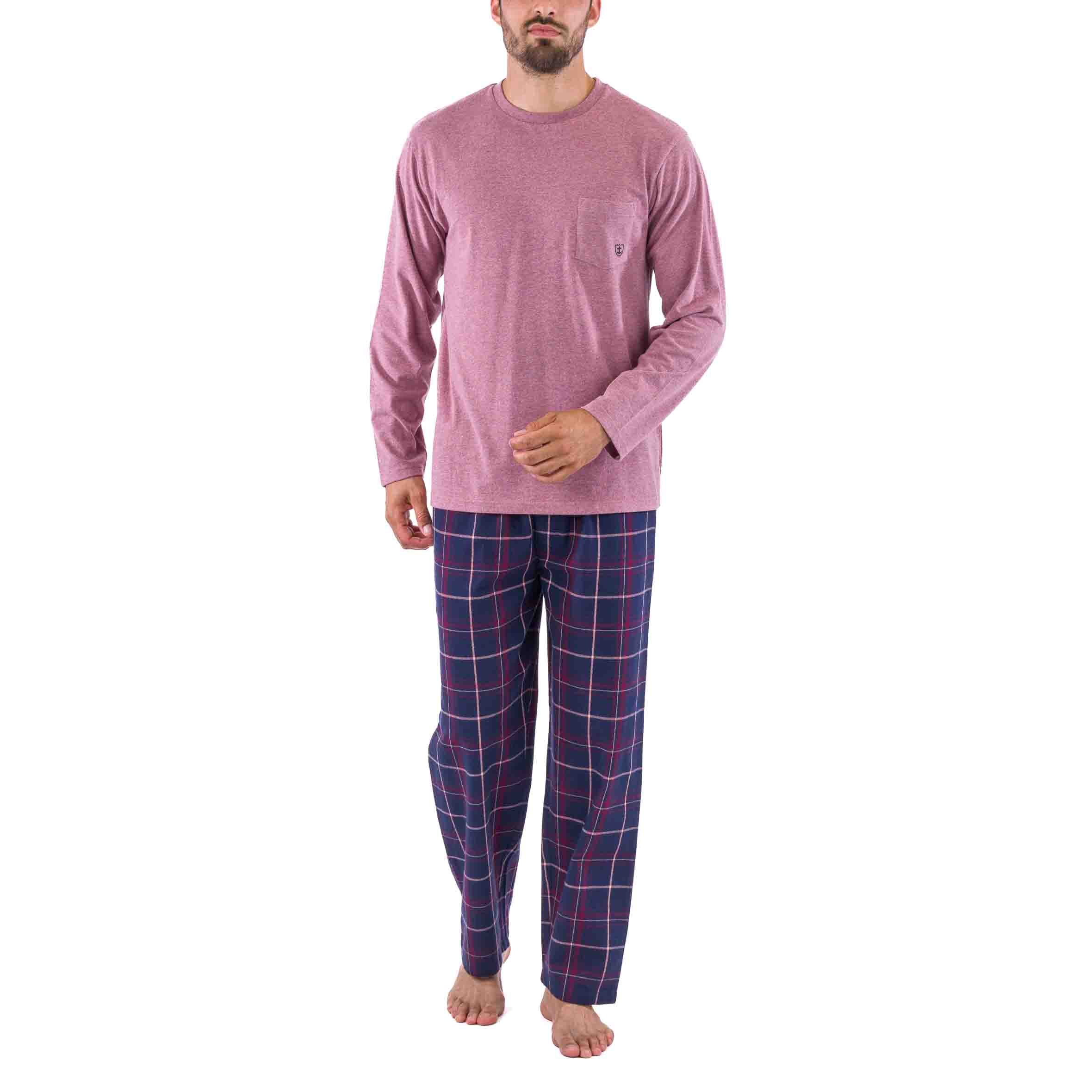 Pyjama en Flanelle carreaux et Jersey Pur Coton Bordeaux effet chiné