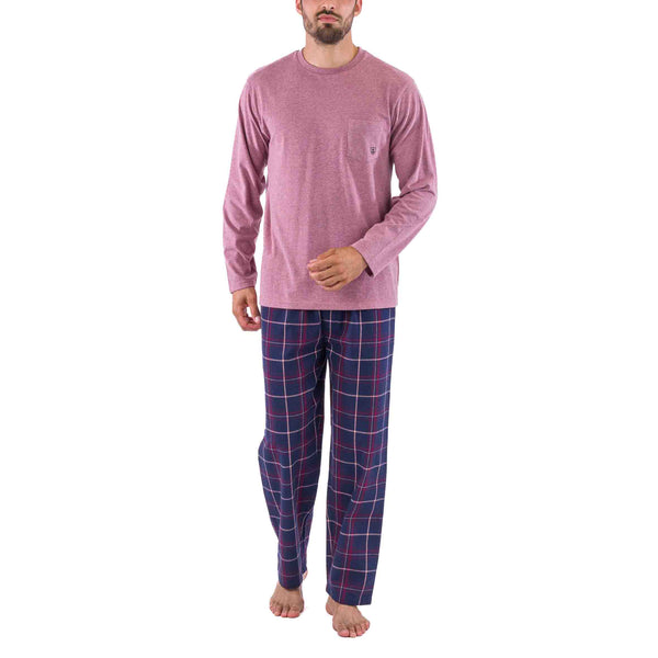 Pyjama en Flanelle carreaux et Jersey Pur Coton Bordeaux
