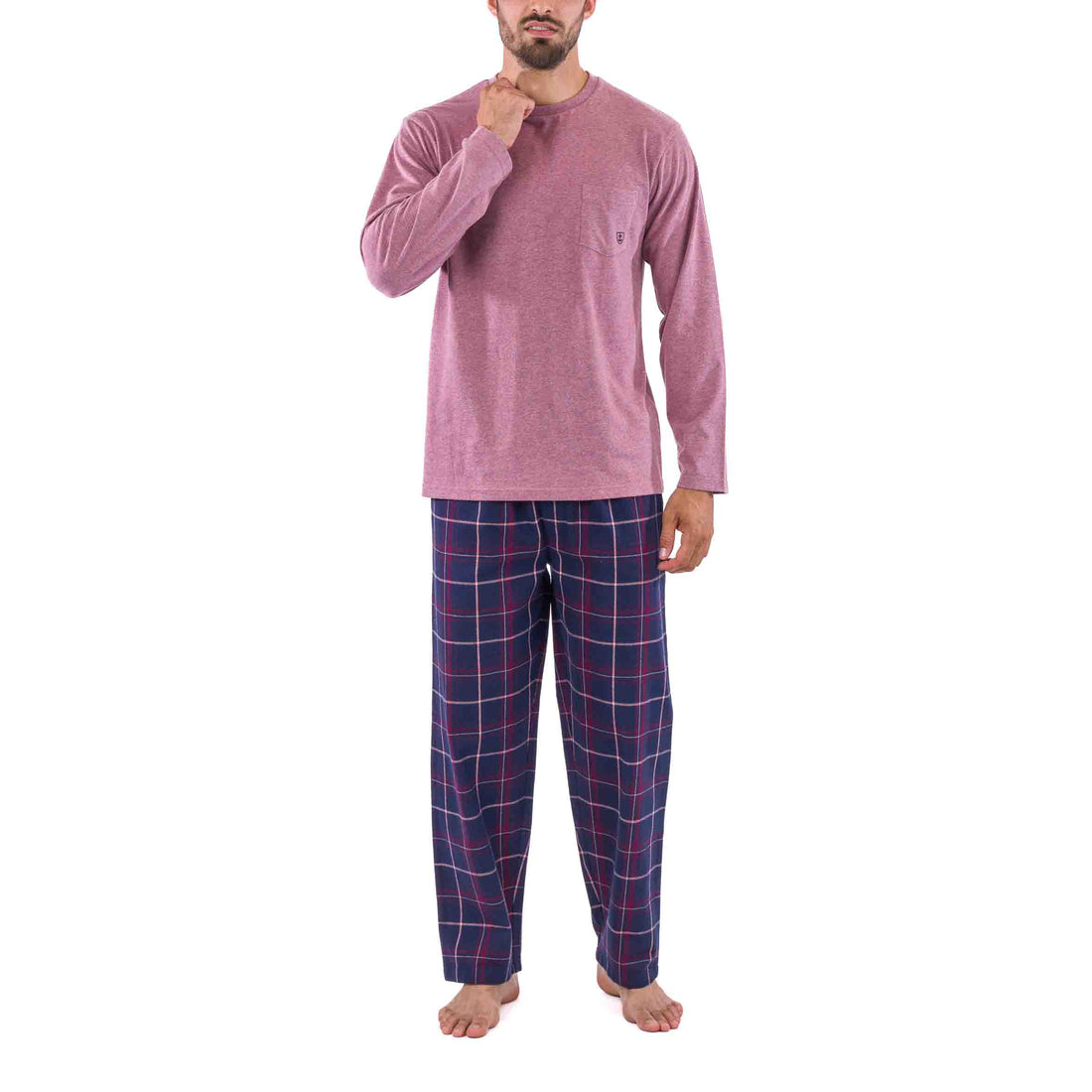 Pyjama en Flanelle carreaux et Jersey Pur Coton Bordeaux effet chiné