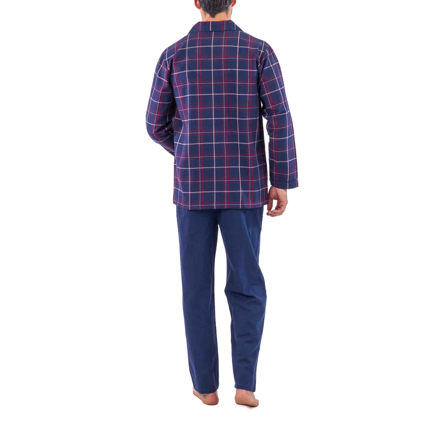 Navy Blue Pure Combed Cotton Flannel Open Long Scottish Check Pajamas