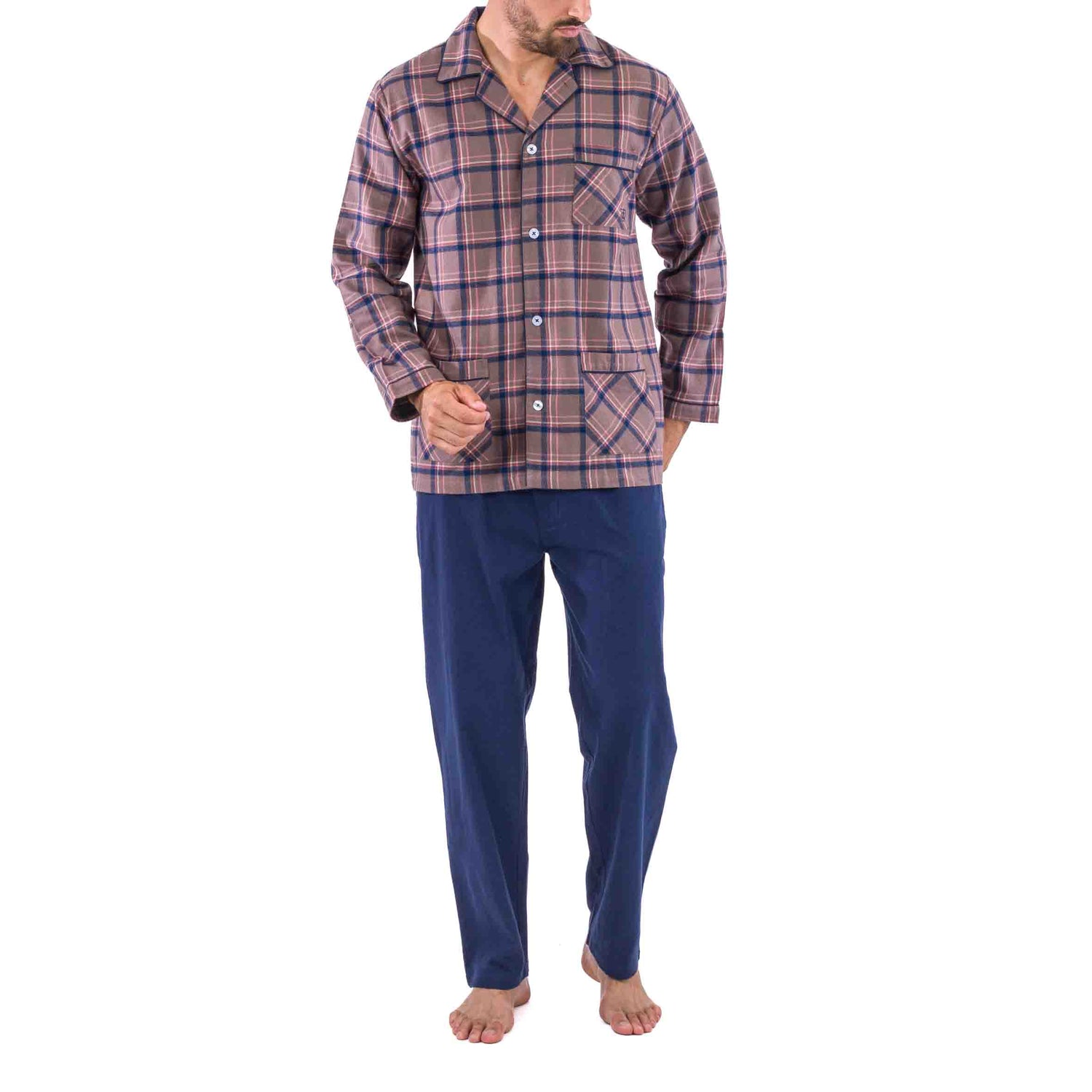 Pyjama Long Ouvert à Carreaux en Flanelle de Pur Coton Peigné Beige et Marine