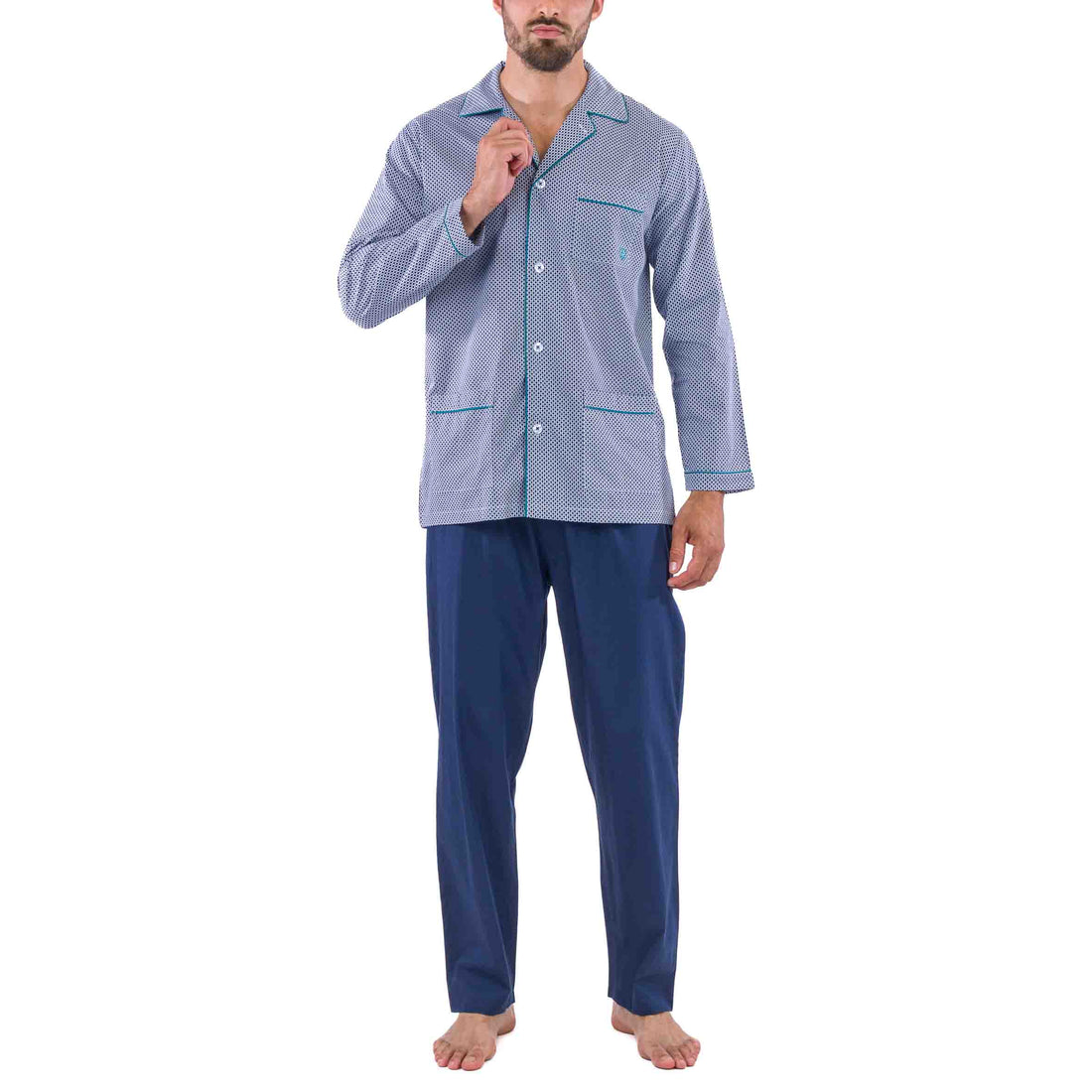 Long Open Pajamas Printed in Pure Combed Cotton Poplin Navy Blue Small Patterns