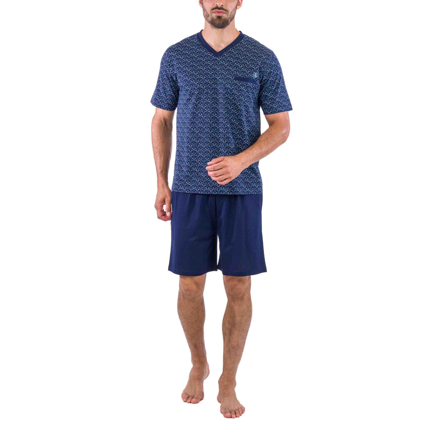 Short V-Neck Pajamas in Mercerized Cotton Jersey with Retro Print NAVY