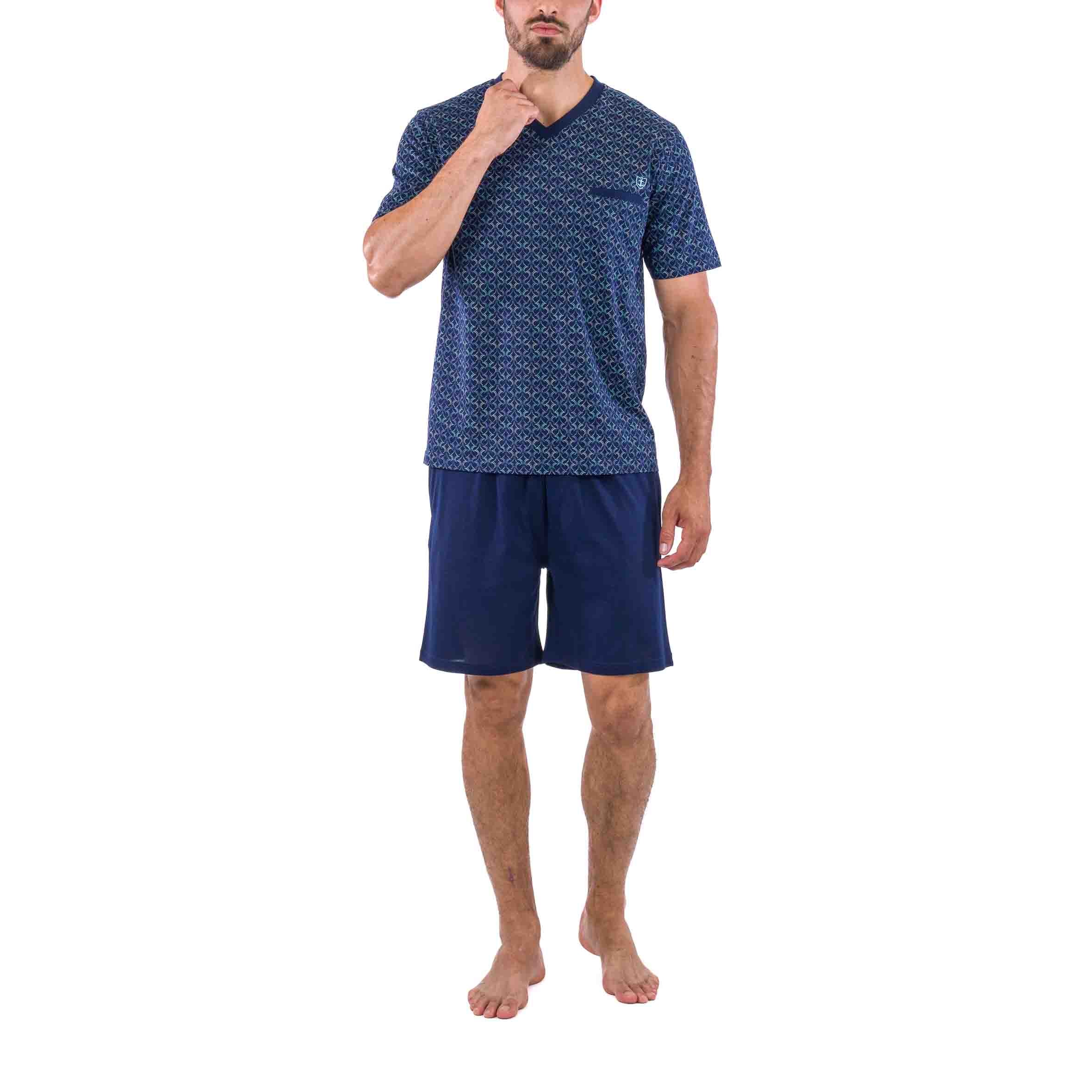 Short V-Neck Pajamas in Mercerized Cotton Jersey with Retro Print NAVY