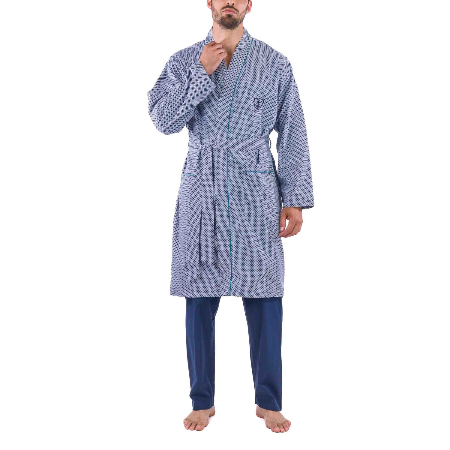 Bathrobe in Printed Poplin Lined with Sponge NAVY BLUE Small Patterns