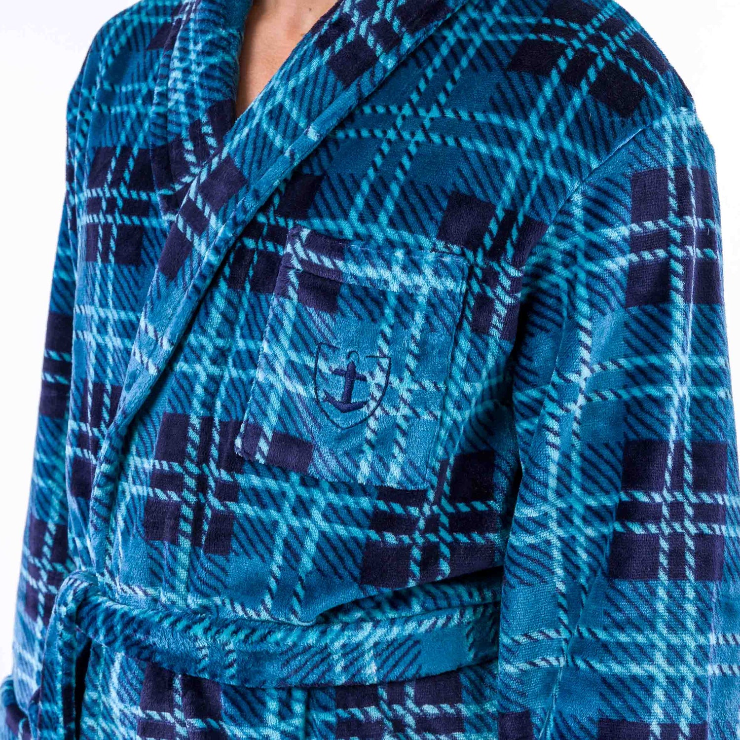 Blue Plaid Printed Micro Fleece Shawl Collar Kimono
