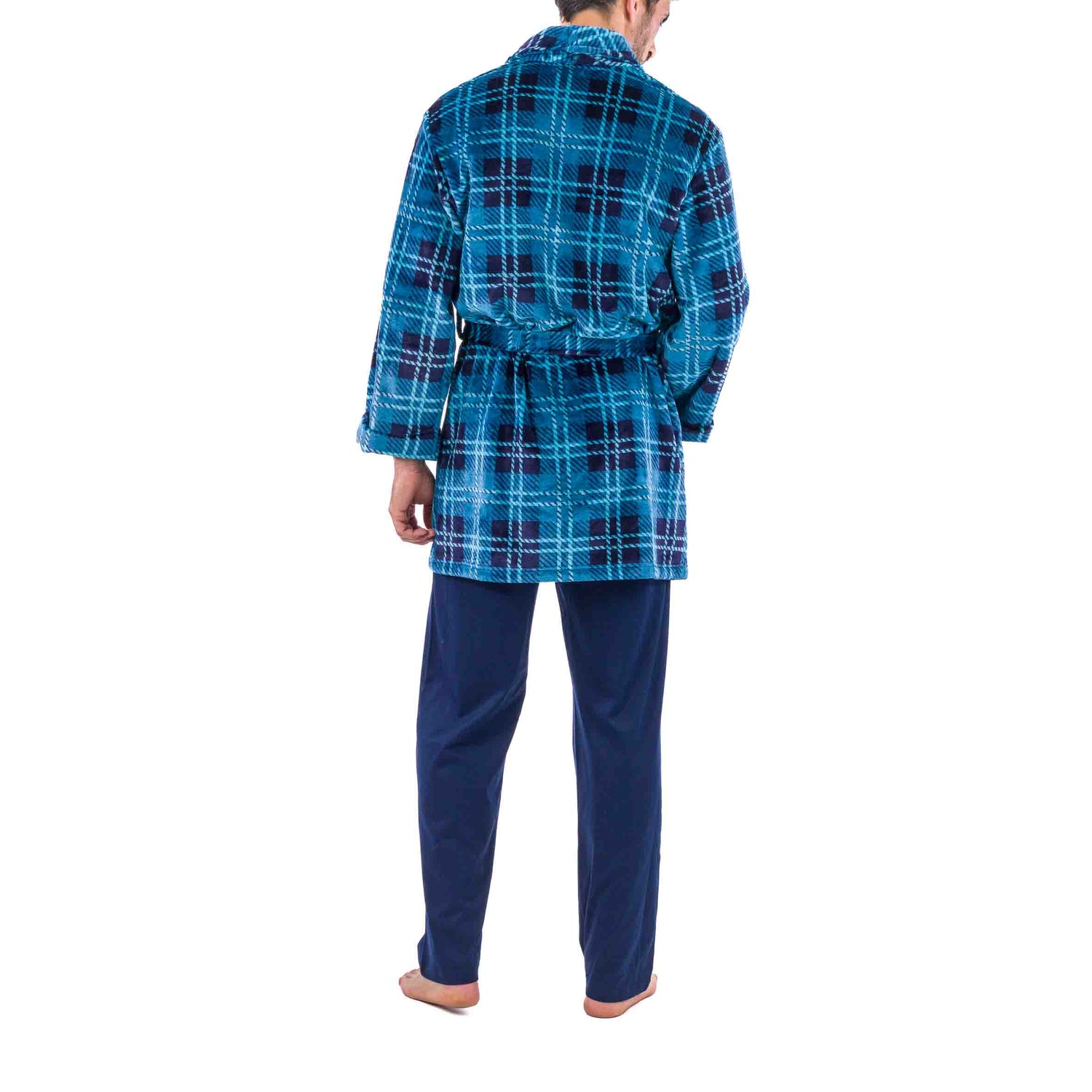 Blue Plaid Printed Micro Fleece Shawl Collar Kimono