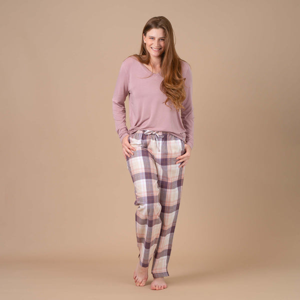 Pyjama Femme Col V en Maille Micromodal Stretch et flanelle ROSE