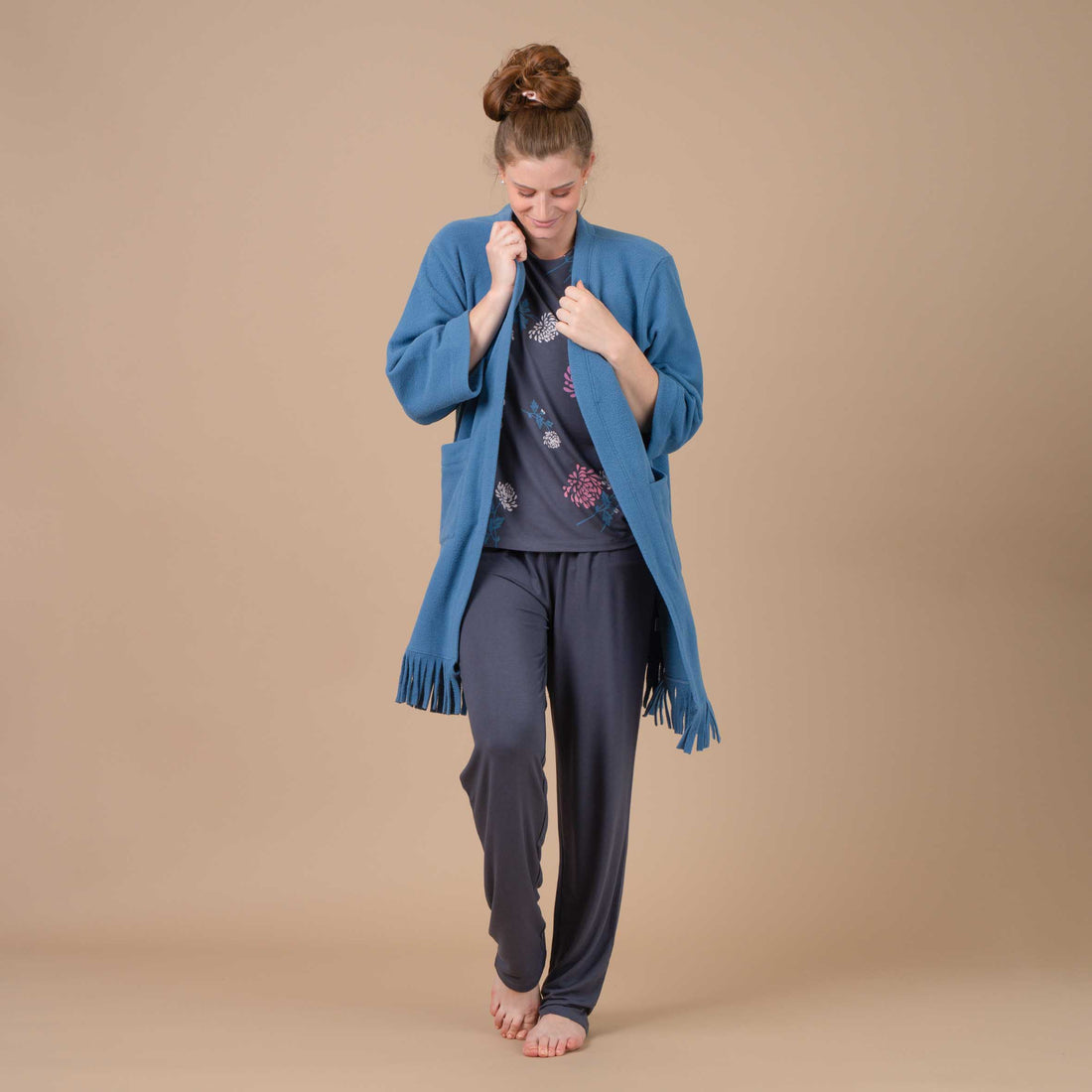 Open lange Pyjama in Poplin Vakjes MARINE